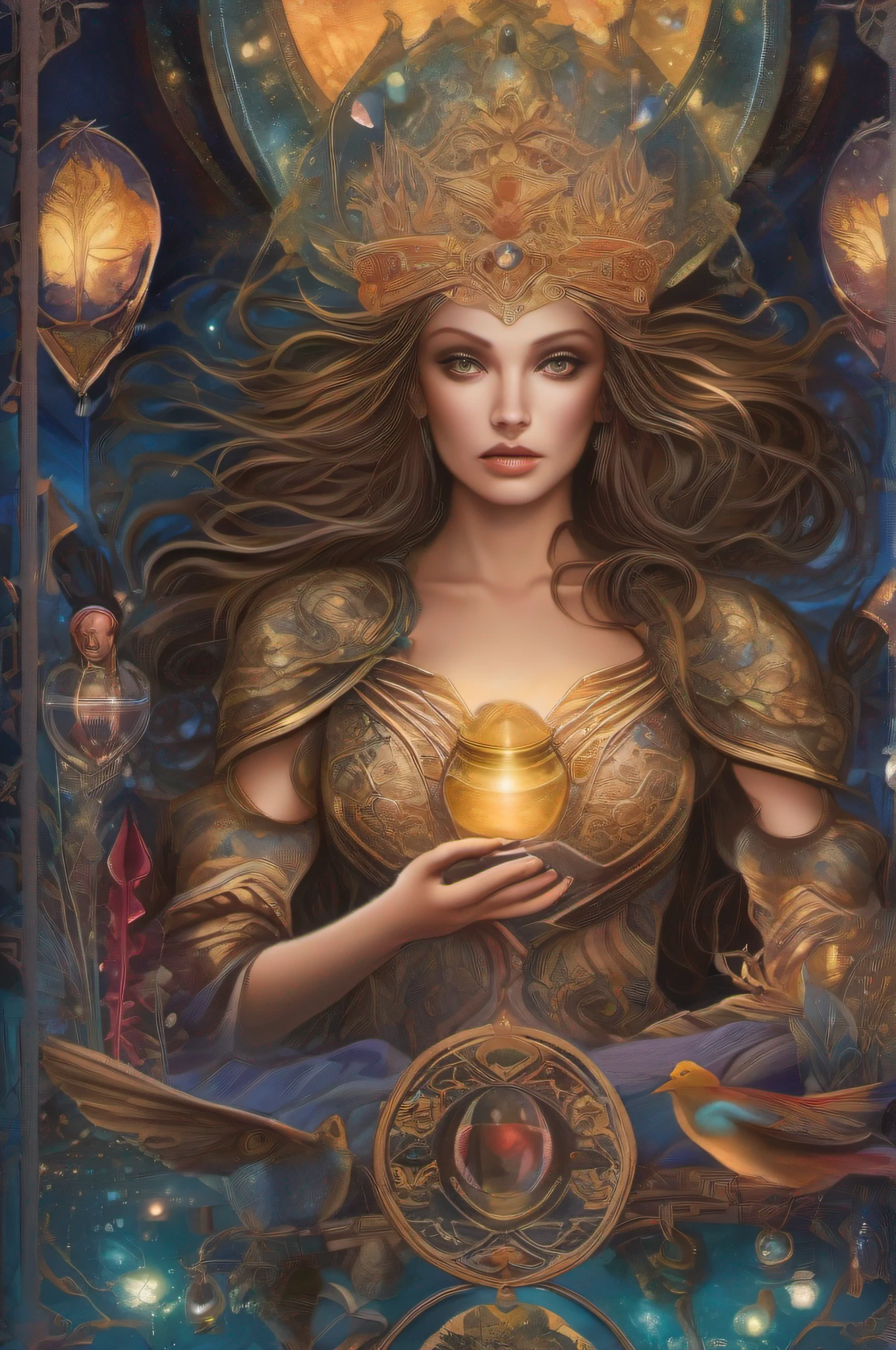 "A mystical and enchanting depiction of 'the tarot' with intricate details, vibrant colors, and ethereal lighting. Incorporate swirling smoke, mysterious symbols, and a sense of otherworldly energy. Emphasize the archetypal characters and their distinct expressions, reflecting the diverse range of emotions and narratives portrayed in each tarot card. Transform the scene into a dreamlike realm, blending the elements of fantasy and reality. Let the cards come alive, revealing hidden meanings and unlocking the secrets of the universe."