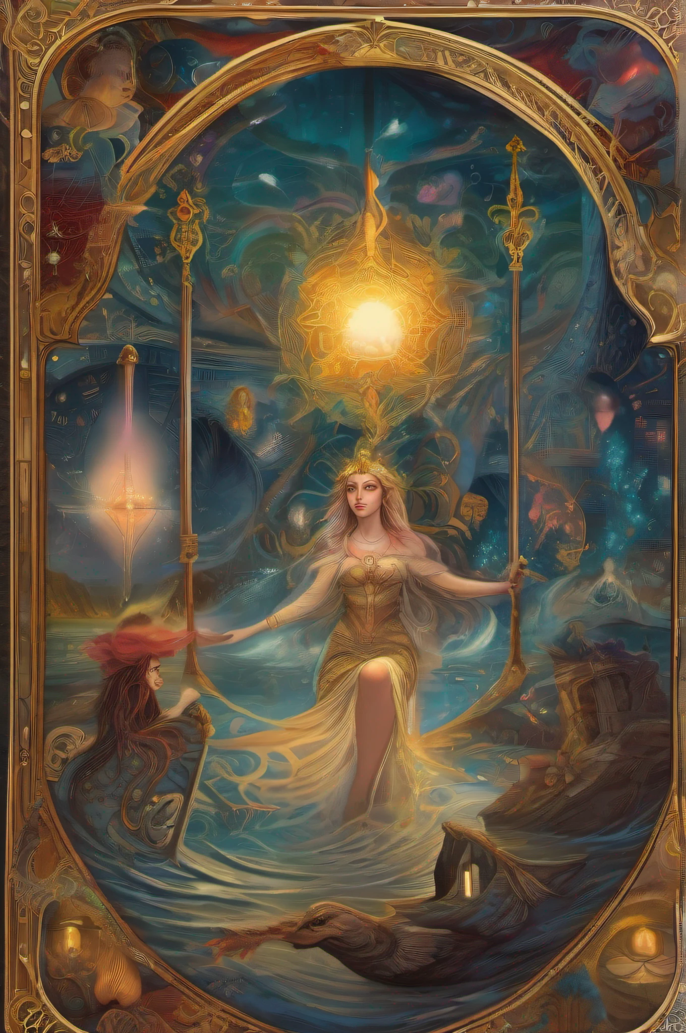 "A mystical and enchanting depiction of 'the tarot' with intricate details, vibrant colors, and ethereal lighting. Incorporate swirling smoke, mysterious symbols, and a sense of otherworldly energy. Emphasize the archetypal characters and their distinct expressions, reflecting the diverse range of emotions and narratives portrayed in each tarot card. Transform the scene into a dreamlike realm, blending the elements of fantasy and reality. Let the cards come alive, revealing hidden meanings and unlocking the secrets of the universe."
