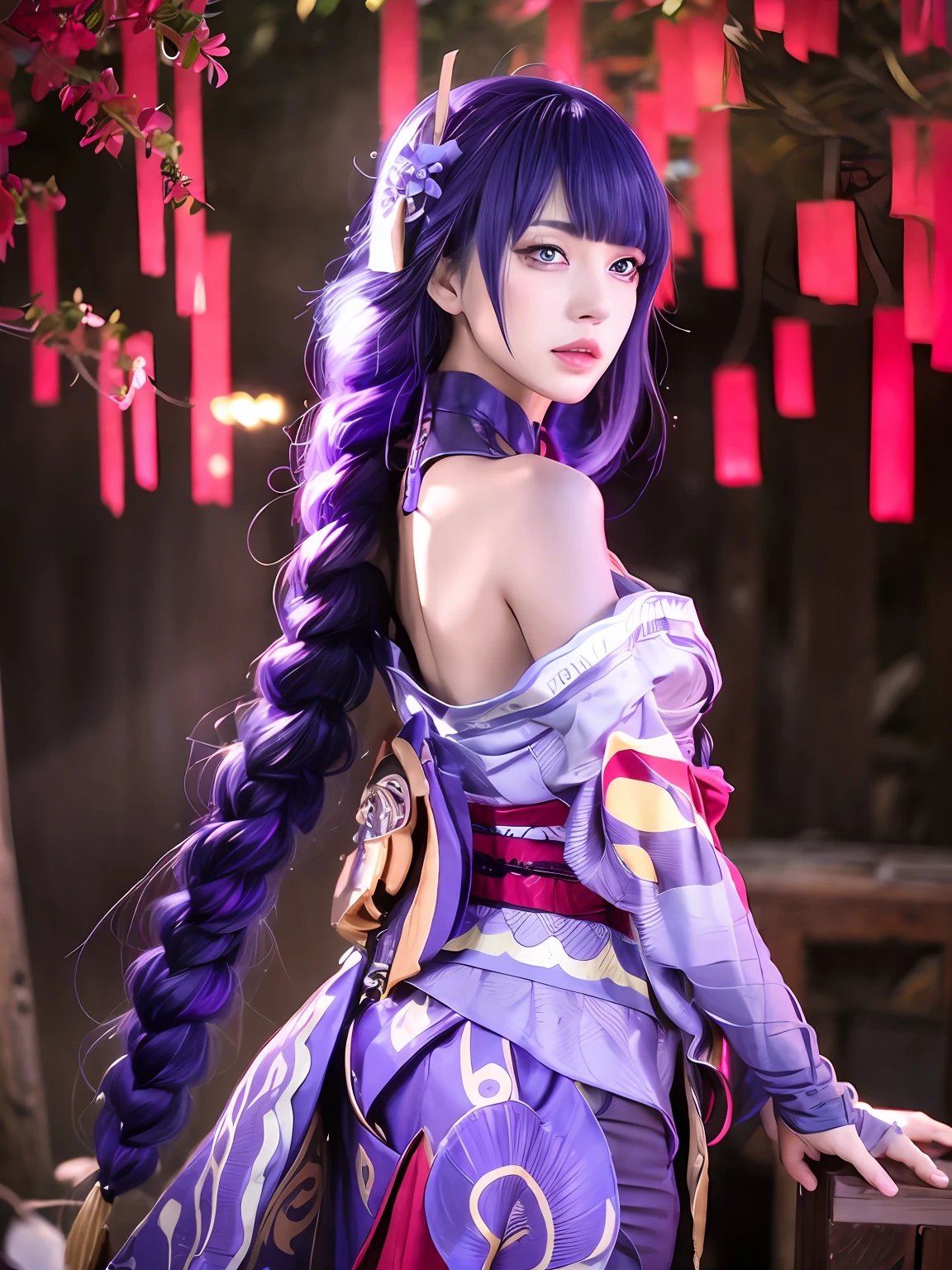 Masterpiece,Best quality, A high resolution, Cherry blossoms|Japanese architecture|Shrine,1girll, Raiden general, Detailed clothes, White clothes, Blunt bangs, Braid, Medium breasts,cleavage, wide-sleeved kimono, (hair adornments:1.3), white japanese clothes, (red obi:1.4), (Purple hair:1.4), Very long hair, Straight hair, Detailed face, Cool face, (smooth jaw:0.85), Closed mouth, Long eyelashes, Sharp eyes, [view the viewer|Looking back|Looks to the side] ,Beautiful eyes, Detailed eyes, Thick eyebrows, Red eyeshadow, symetrical eyes, Skirt, [arms back behind|hands on own chest], highly detailed back ground,(photograph realistic:1.35),Dappled sunlight,[From the side Side|From behind|From below],