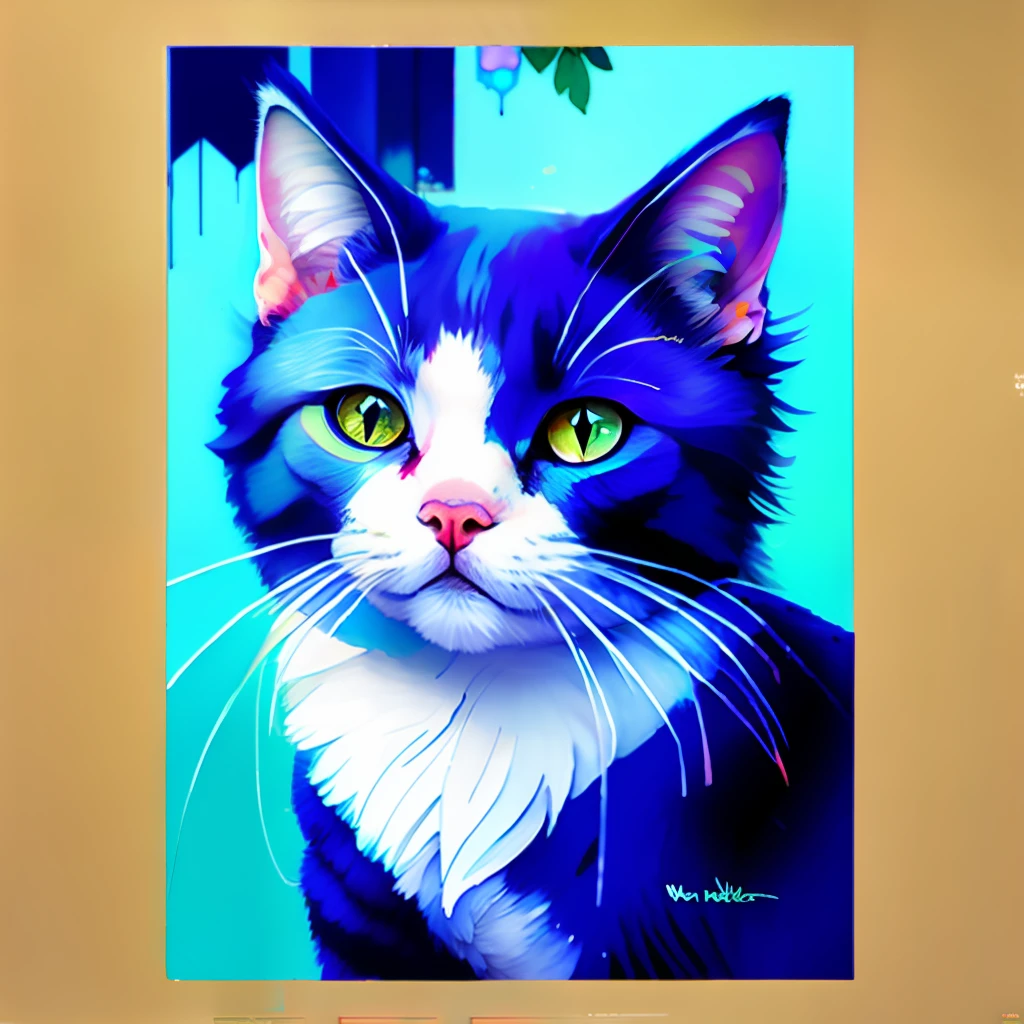 Wtrcolor style，（cat character）Digital art，offcial art，frontage，ssmile，tmasterpiece，big breasts beautiful，（（aquarelle）），facepaint，Blue and white colors，Complicated details。The is very detailed，Detailed eyes，[dripping:0.5]，Trends on Artstation，Rachel Walker
