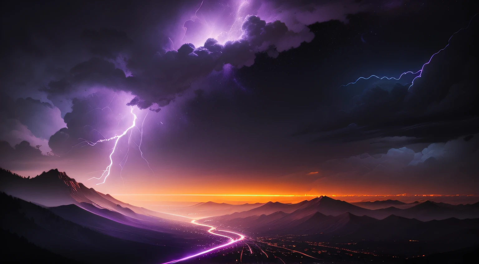 an ultra realistic night, with a purple storm in the skies and yellow lightning