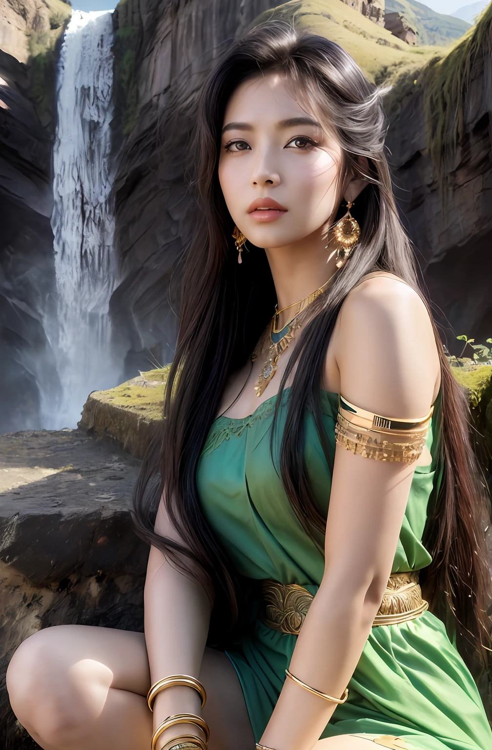 ((Realistic:1.5)),Ulzzang-6500:0.7,((Best quality)), ((Masterpiece)),((Detailed)),2girls,duo,{2 beautiful women}, (Upper body:1.3),Hug and touch each other, Tease your friend's waist, Breathless friends, Biting a friend's earlobe, crouched,super wide shot,Face focus, Long legs,Curvy, Barefoot,Wide hips, Thin legs, Oversized eyes,Long eyelashes, (Detailed face,beautidful eyes, detailedpupils,detailed clothes features, Clear background:1.3), (armlets, bangle:1.3), Mysterious ancient ruins, floresta exuberante, Deep canyon,bridge,River,cliff,Cloud,lakes,Rock music,Waterfalls, Flowers, Grass,grape trees,tree,bright detail,Sharp,Perfect compounding, Intricate, Sharp focus, Dramatic,