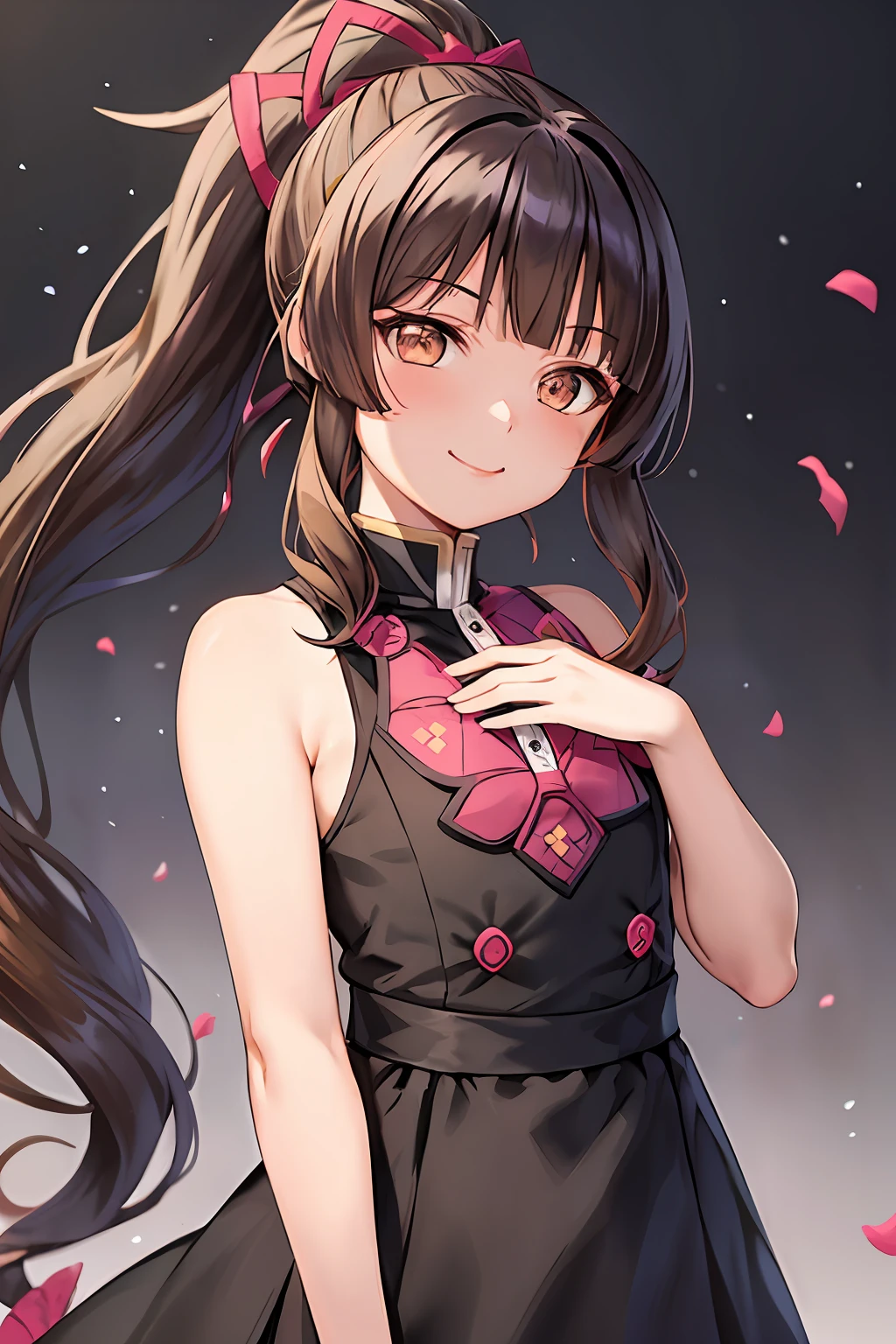 kimetsu no yaiba style,1girl, solo, looking at viewer, brown hair, brown eyes, blurry background, blurry, long hair, ponytail, blonde hair, upper body, dress, flower, bare shoulders, smile, lipstick, closed mouth,  anime coloring,  ((masterpiece))
