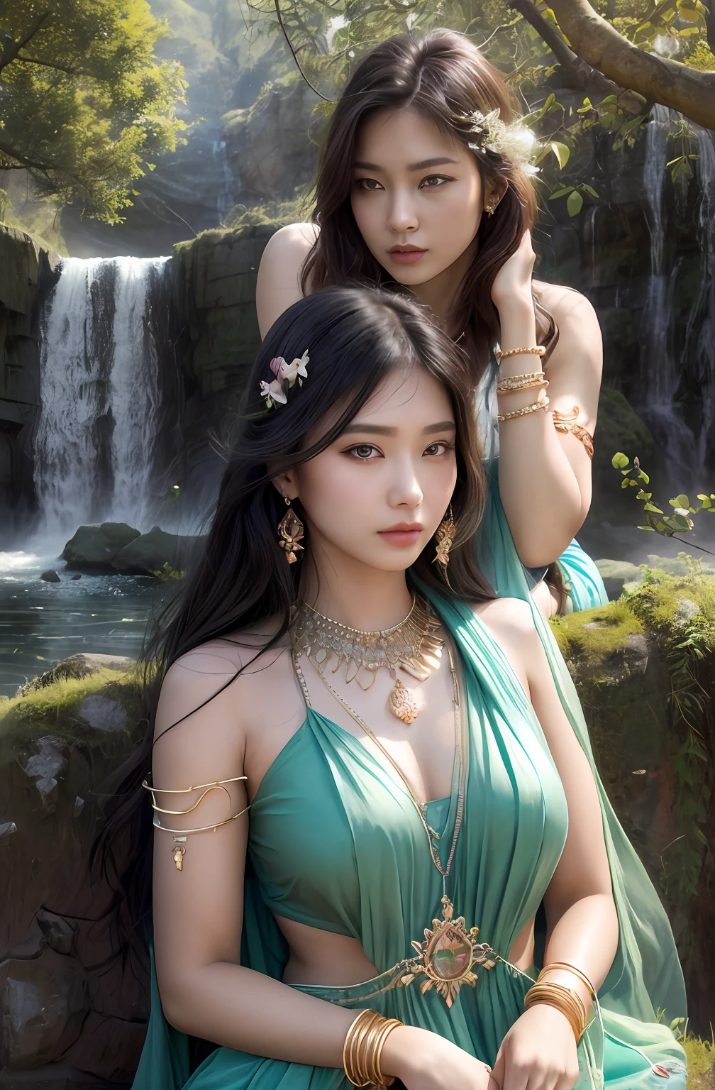 ((Realistic:1.5)),Ulzzang-6500:0.7,((Best quality)), ((Masterpiece)),((Detailed)),2girls,duo,{2 beautiful women}, (Upper body:1.3),Hug and touch each other, Tease your friend's waist, Breathless friends, Biting a friend's earlobe, crouched,super wide shot,Face focus, Long legs,Curvy, Barefoot,Wide hips, Thin legs, Oversized eyes,Long eyelashes, (Detailed face,beautidful eyes, detailedpupils,detailed clothes features, Clear background:1.3), (armlets, bangle:1.3), Mysterious ancient ruins, floresta exuberante, Deep canyon,bridge,River,cliff,Cloud,lakes,Rock music,Waterfalls, Flowers, Grass,grape trees,tree,bright detail,Sharp,Perfect compounding, Intricate, Sharp focus, Dramatic,
