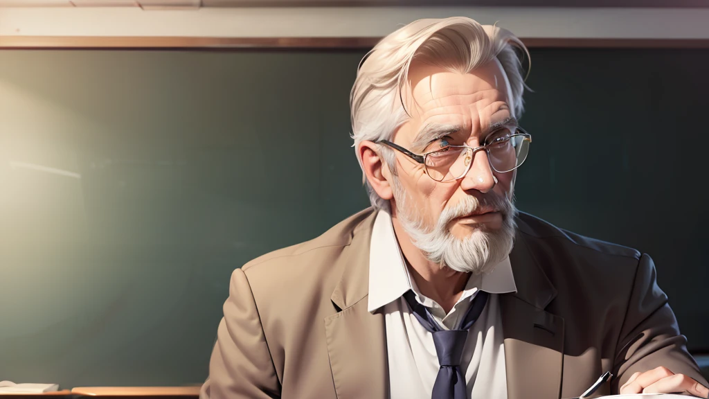 Drawing, ultra realistic, 8k, extremely detailed, in the best quality, a man, looking 50 years old, teacher, with beard, and glasses, in a classroom, talking to students.
