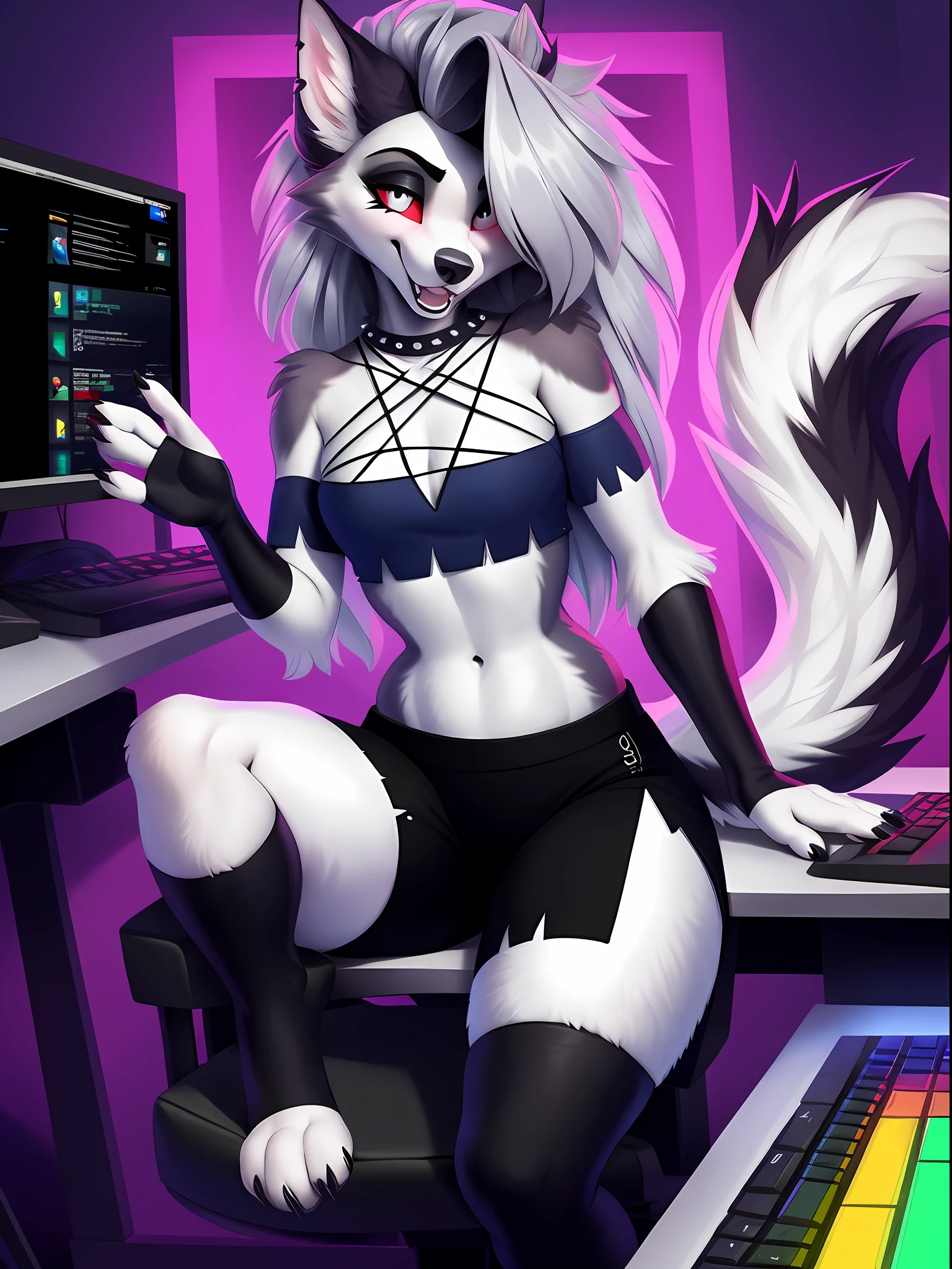 Por iskra, por wolfy-nail, por Personalami, Helluva Boss, Loona Hellhound, Loona, female, (detalhada), viewer's view, fofa, solo, 1 menina, alta resolução, fotorrealista, bonito, embarrassing look, ((detalhes estruturais claros)), realismo detalhado, fino, macio, 4k, excelente qualidade, detalhes altos, (sedutor), pele detalhada,sentada na cadeira, cadeira gamer, computador gamer, olhando para o computador, sorriso fofu, paisagem na tela do computador, RGB gamer decoration, maos no teclado. Usando roupa de yotuber