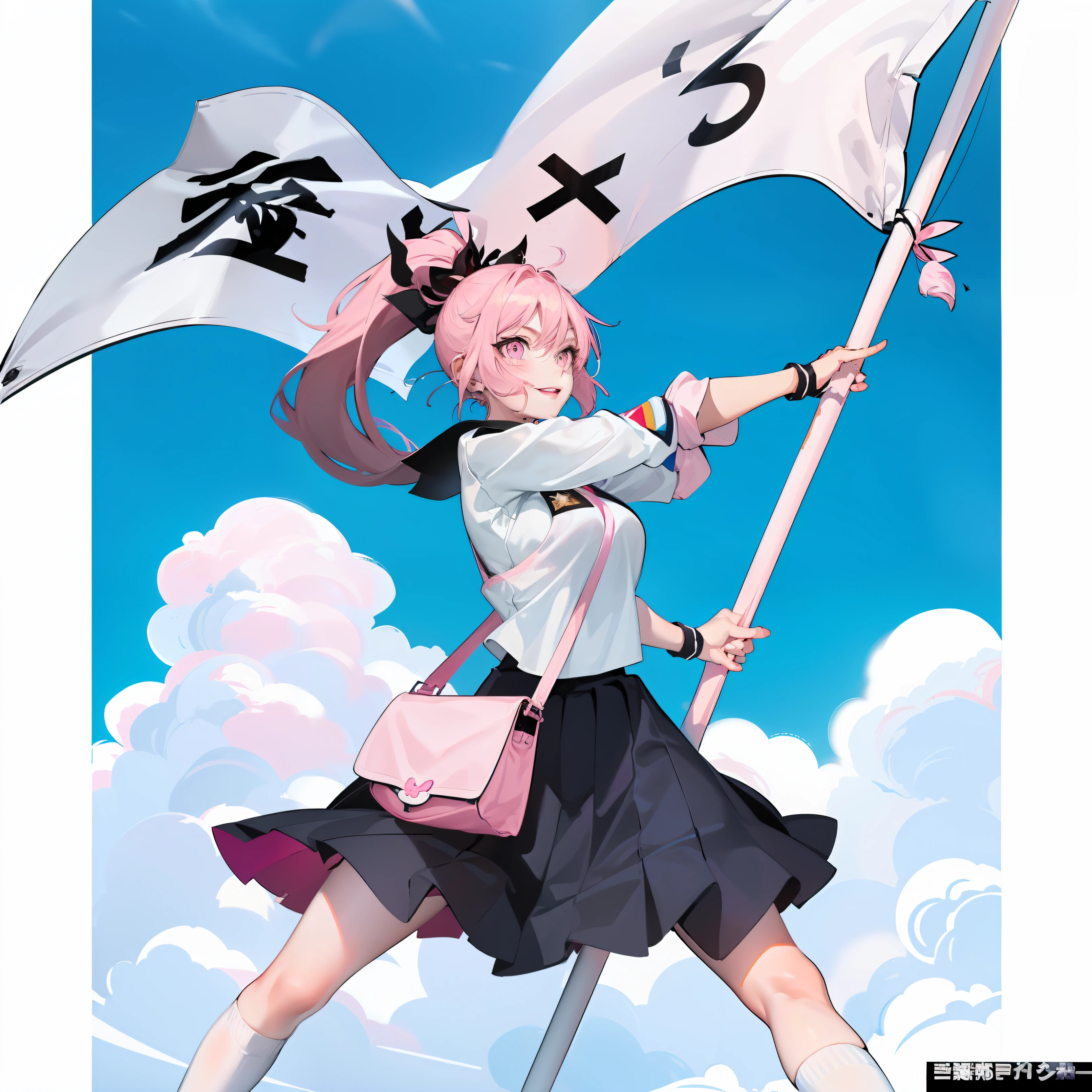 Anime girl with flag,High pink ponytail,Pink eyes,Milk skin,ssmile,huge tit,Large breasts,Star temperament,Nice looking student uniforms,Long white socks,Pink lips,Clear face,s the perfect face,HD face