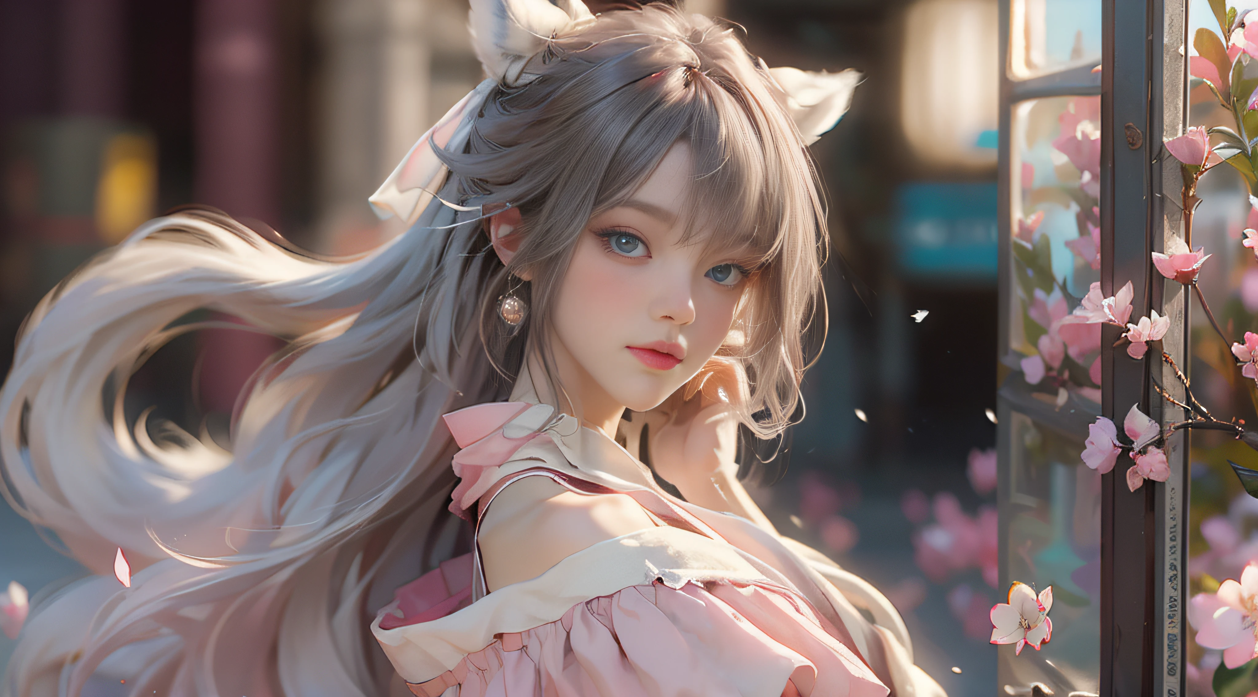 ((best qualtiy)), ((tmasterpiece)), (detail:1.4), Beautiful cyberpunk female images,hdr(HighDynamicRange),Ray traching,NVIDIA RTX,Hyper-Resolution,illusory 5,sub surface scattering,PBR textures,post-proces,Anisotropy Filtering,depth of fields,maximum definition and sharpness,Many-Layer Textures,Albedo e mapas Speculares,Surface coloring,Mitsu-Accurate simulation of material interactions,perfectly proportioned,rendering by octane,Two-colored light,largeaperture,Low ISO,White balance,Rule three points、8K raw data、Beautiful bright blue pupils,off-the-shoulder clothes,Fine pupils,Delicate face and eyes,long eyelasher,Blushlush,Delicate and fluffy hair,pink lip,Pure,Cute face,Sweet girl,Artistic sense,Casual wear,Advancedsense,butterflys,Cherry blossom petal,Beautiful hair accessories,Long hair and waist,Hair fluttering in the wind,Snow-white fox ears,curlies,Snow-white fluffy tail,Positive light,The light from the back window is backlighted