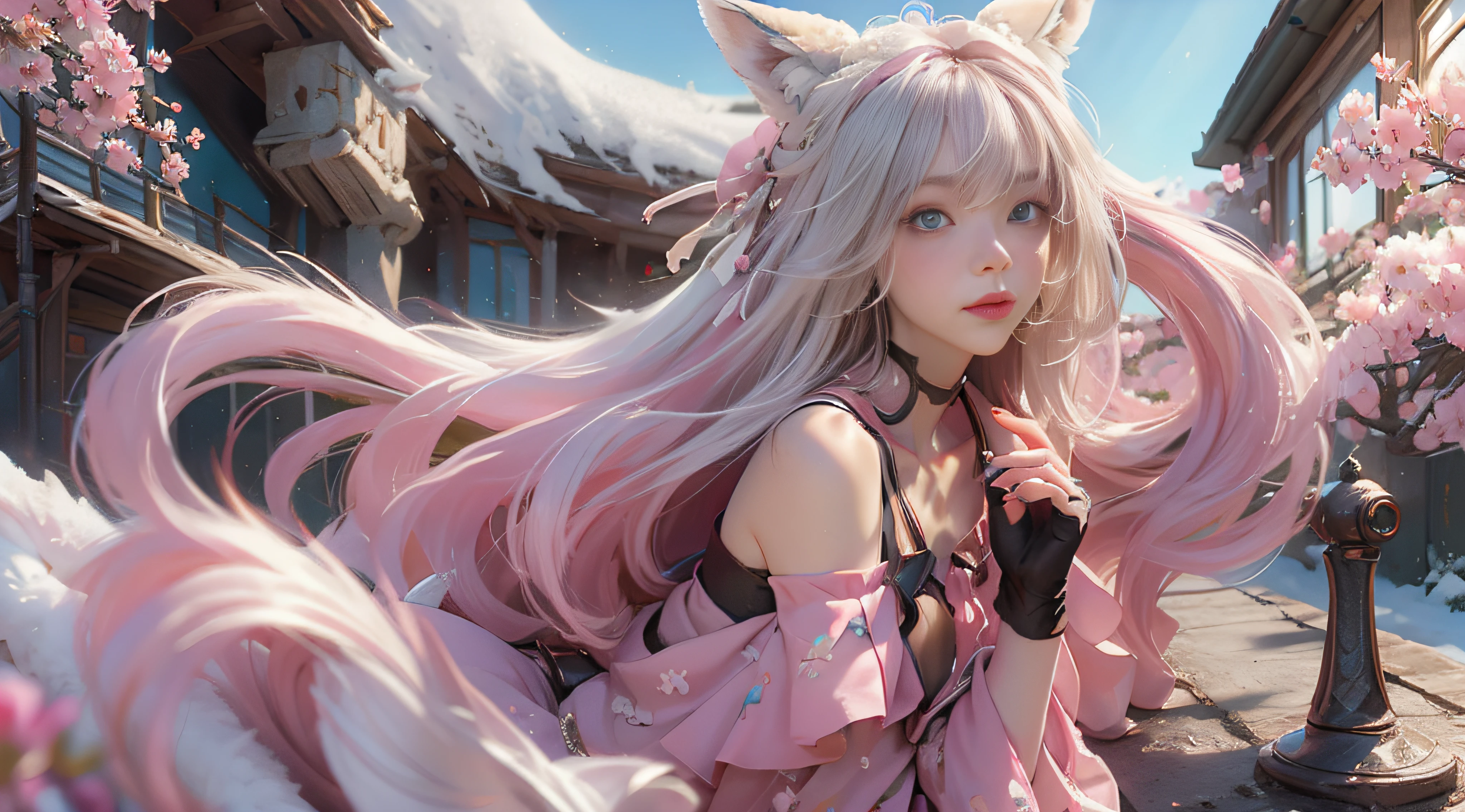 ((best qualtiy)), ((tmasterpiece)), (detail:1.4), Beautiful cyberpunk female images,hdr(HighDynamicRange),Ray traching,NVIDIA RTX,Hyper-Resolution,illusory 5,sub surface scattering,PBR textures,post-proces,Anisotropy Filtering,depth of fields,maximum definition and sharpness,Many-Layer Textures,Albedo e mapas Speculares,Surface coloring,Mitsu-Accurate simulation of material interactions,perfectly proportioned,rendering by octane,Two-colored light,largeaperture,Low ISO,White balance,Rule three points、8K raw data、Beautiful bright blue pupils,off-the-shoulder clothes,Fine pupils,Delicate face and eyes,long eyelasher,Blushlush,Delicate and fluffy hair,pink lip,Pure,Cute face,Sweet girl,Artistic sense,Casual wear,Advancedsense,butterflys,Cherry blossom petal,Beautiful hair accessories,Long hair and waist,Hair fluttering in the wind,Snow-white fox ears,curlies,Snow-white fluffy tail,Positive light,The light from the back window is backlighted