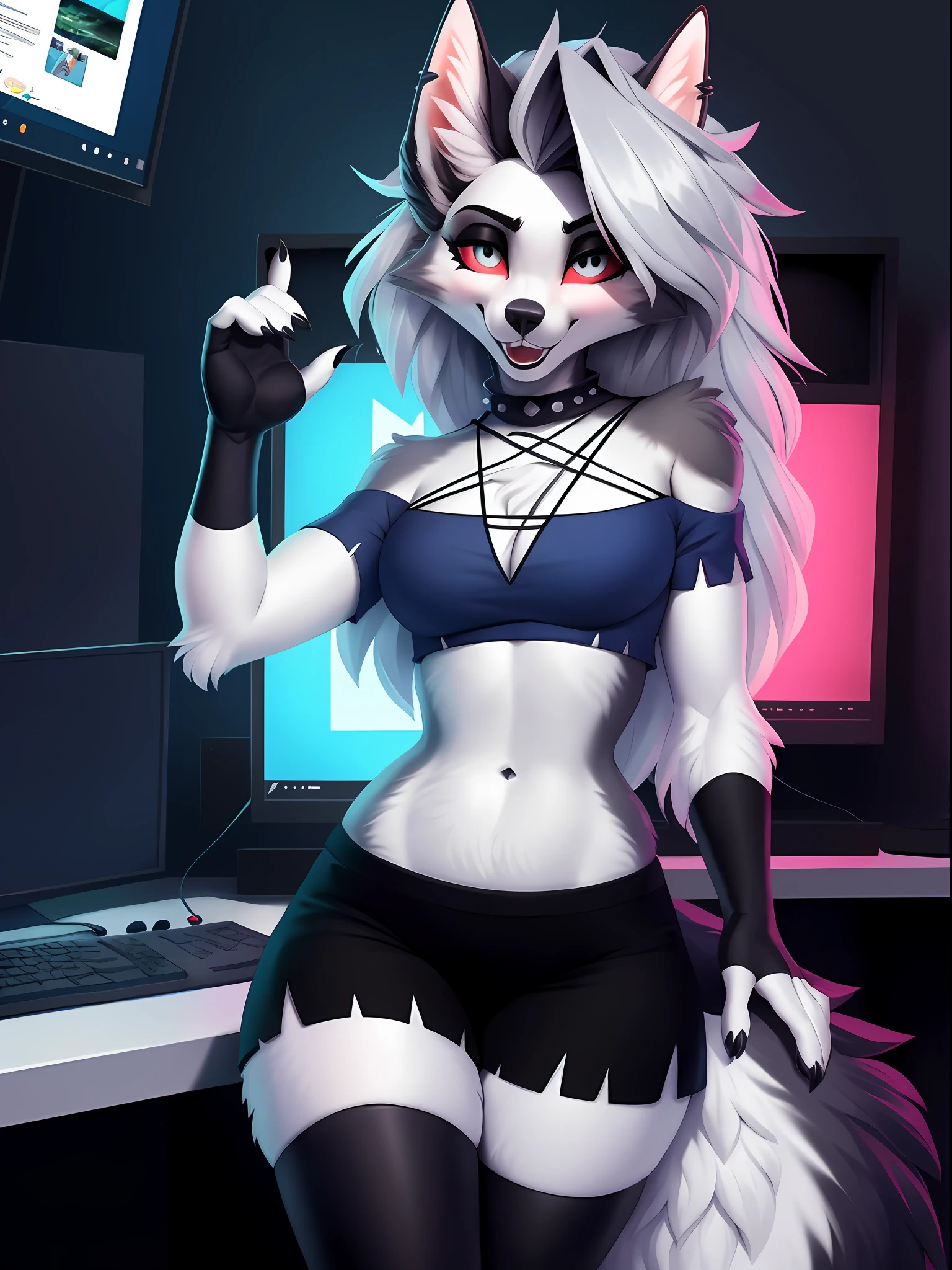 Por iskra, por wolfy-nail, por Personalami, Helluva Boss, Loona Hellhound, Loona, female, (detalhada), viewer's view, fofa, solo, 1 , alta resolução, fotorrealista, bonito, embarrassing look, ((detalhes estruturais claros)), realismo detalhado, fino, macio, 4k, excelente qualidade, detalhes altos, (sedutor), pele detalhada,sentada na cadeira, cadeira gamer, computador gamer, olhando para o computador, sorriso fofu, paisagem na tela do computador, RGB gamer decoration, maos no teclado. Usando roupa de yotuber