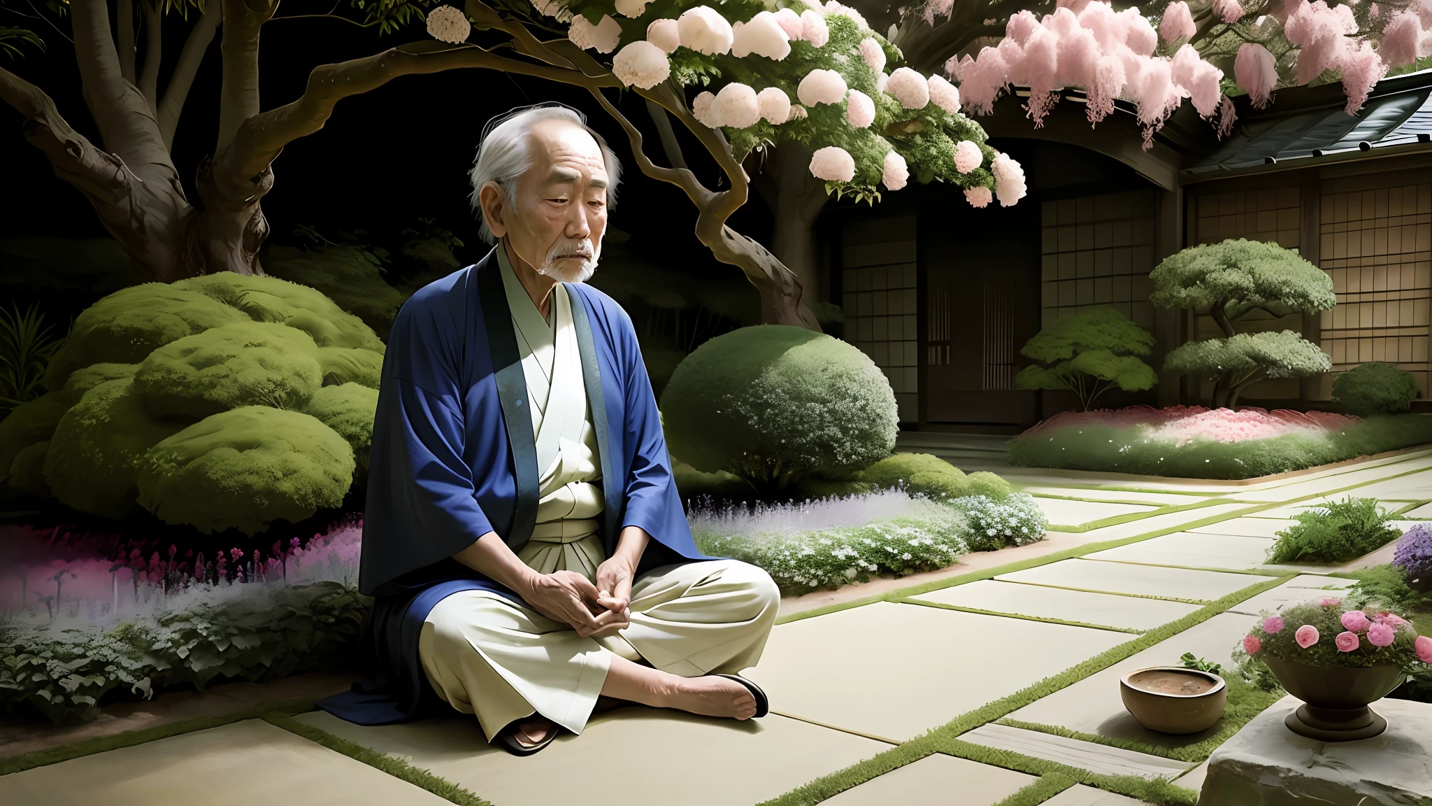 old japanese man in a beautiful garden, surrounded by plants and flowers, sitting meditating, expressionism, realism, contemporary art, fisheye, 35mm, Canon, UHD, masterpiece, ccurate, super detail, award-winning, high details,, sitting