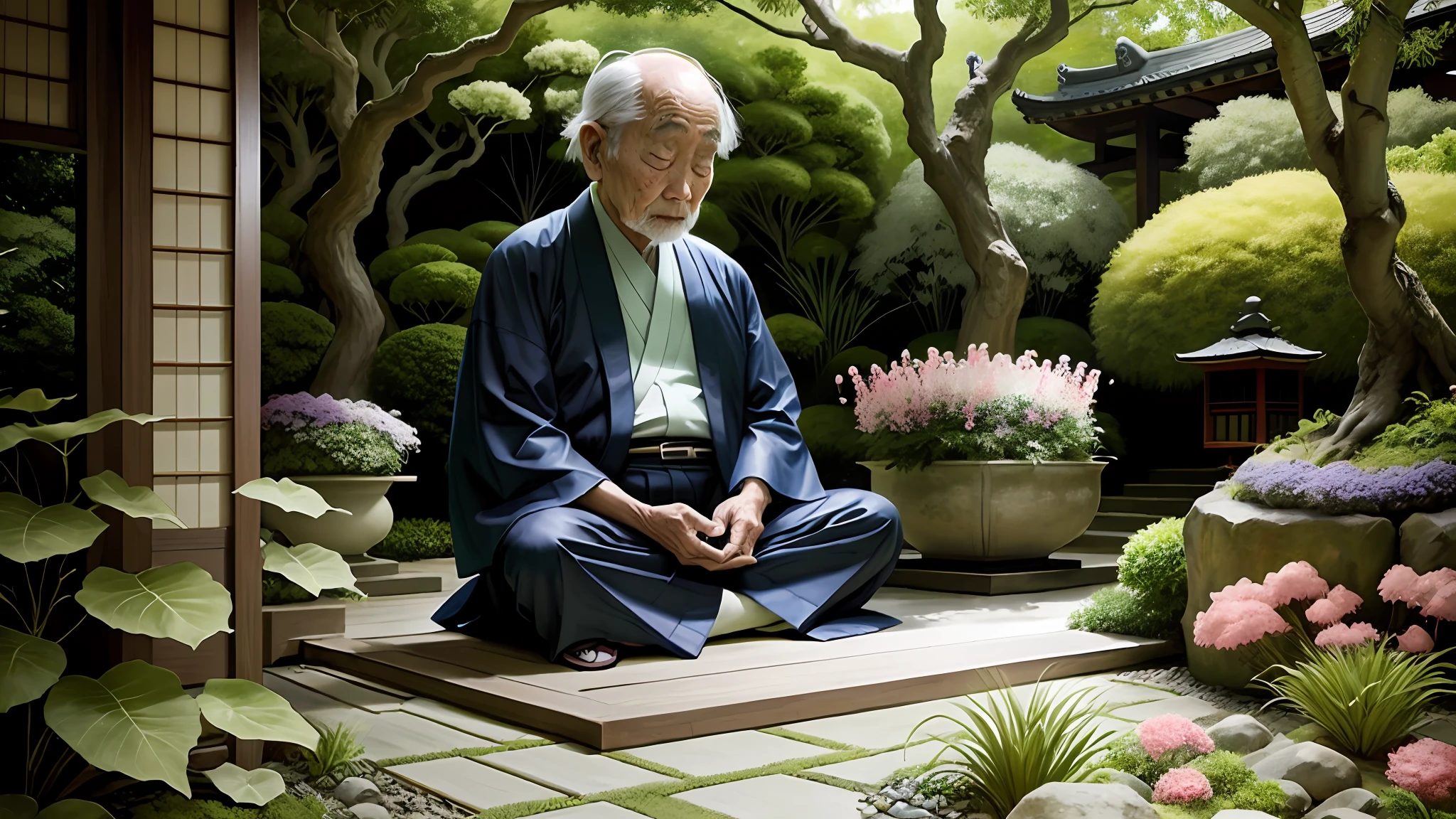 old japanese man in a beautiful garden, surrounded by plants and flowers, sitting meditating, expressionism, realism, contemporary art, fisheye, 35mm, Canon, UHD, masterpiece, ccurate, super detail, award-winning, high details,, sitting