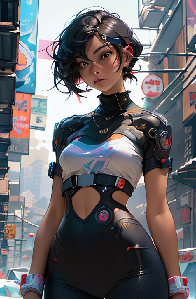 (cyberpunk:1.3) , Stylish woman looking at camera, black pants, black t-shirt, melancholic lighting, quiet, calm, brightness, masterpiece, best quality, 1girl, (JinxLol:1.2), (ultra photorealistic:1.3), (masterpiece:1.4), best quality, ((realistic)), high quality, ultra detailed, ((real image)), ((realistic skin)), ((realistic face)),(illustration:1.05), (beautiful:1.05), (beautiful detailed eyes:1.05), (cinematic light:1.1), blue on the detachments, perfect whole body, slender silhouette, slim, small breasts, thick thighs, black and blue clothing, white sneakers
