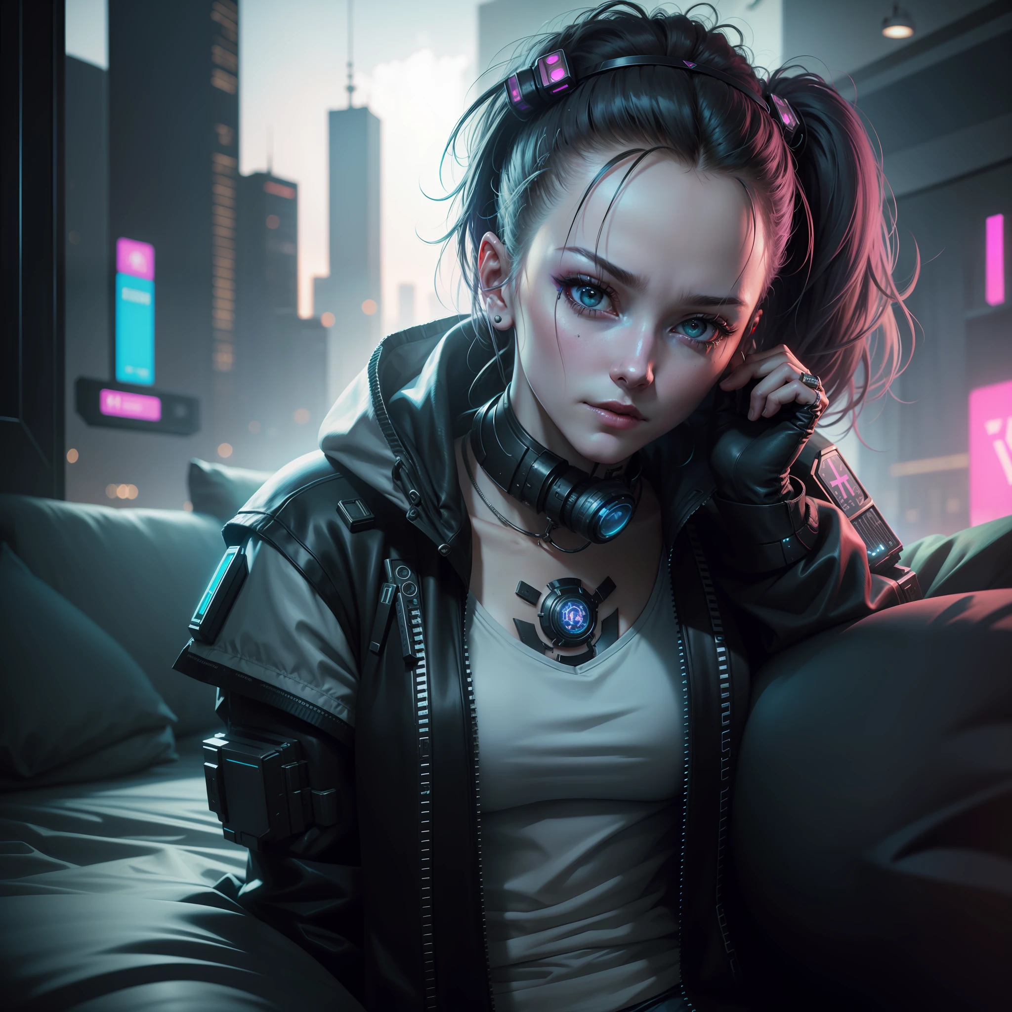 (cyberpunk: 1.4), (realism: 1.4), (best quality: 1.0), (super high resolution: 1.0), 8k, RAW photo, (masterpiece: 0.2), super detailed, 1girl, pale Skin, detailed skin, looking at the viewer, pillow, on the bed,