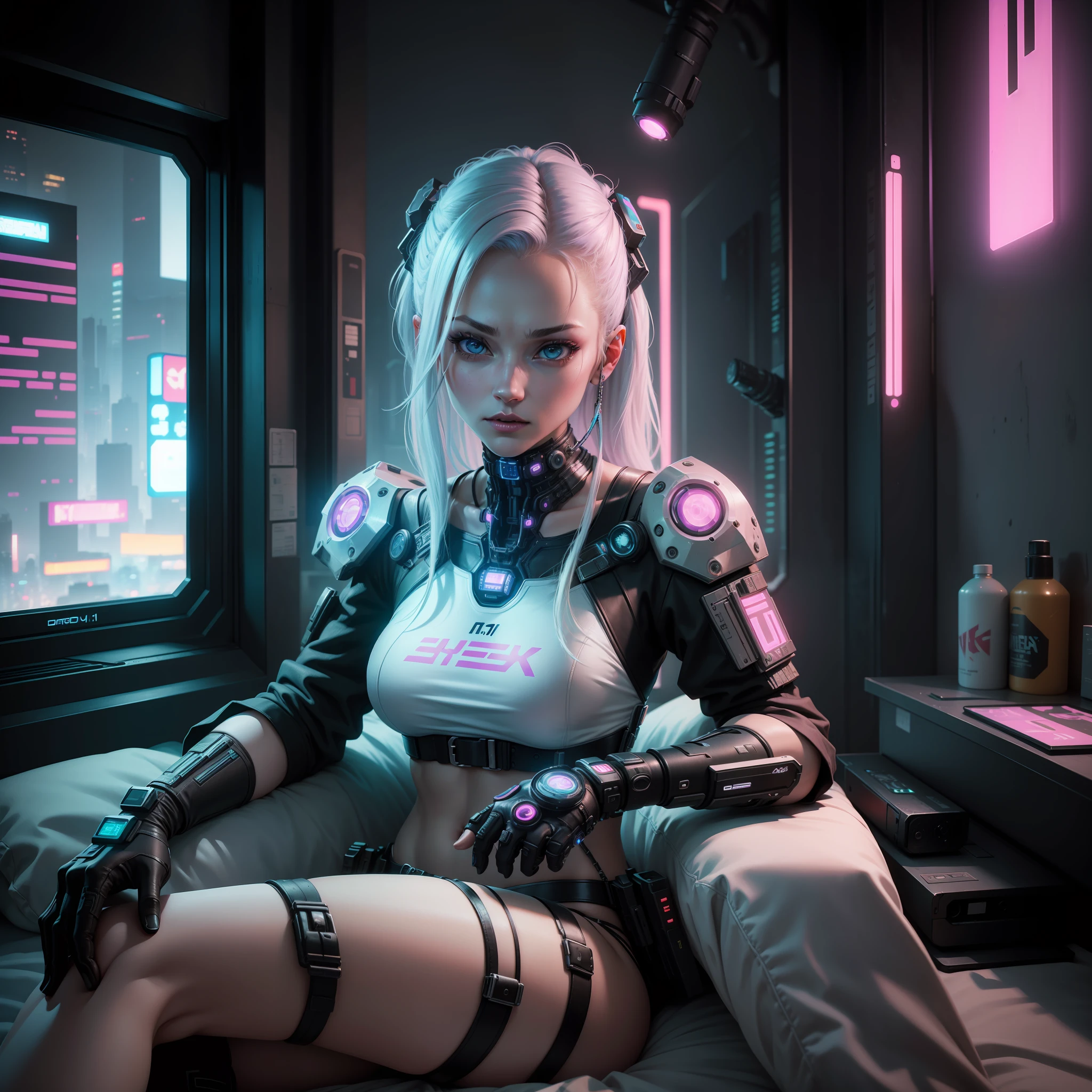 (cyberpunk: 1.4), (realism: 1.4), (best quality: 1.0), (super high resolution: 1.0), 8k, RAW photo, (masterpiece: 0.2), super detailed, 1girl, pale Skin, detailed skin, looking at the viewer, pillow, on the bed,