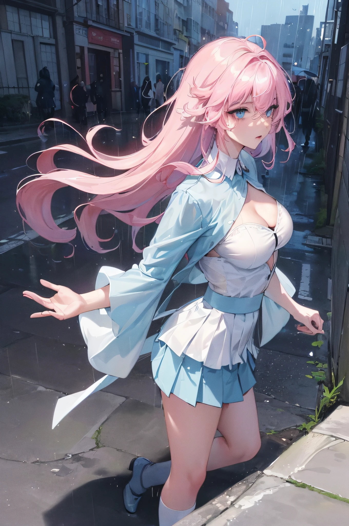 ((best qualtiy, 8k, tmasterpiece:1.3)), Focus:1.2, perfect figure beautiful woman:1.4, Cocked buttocks:1.2, ((Cut hair in layers, Beautiful breasts:1.2)), (wetclothes:1.1) , (Rain, Street:1.3), Bandeau Dress:1.1, Highly detailed facial and skin texture, A detailed eye, 二重まぶた,Whiten skin,Long hair Official fine art,tmasterpiece,Sharp focus,Delicate and beautiful hair and eyes and face,realisticlying,ultra - detailed,a beauty girl,blue-sky,Glowing white particles,(sidelighting:1.2),rays of sunshine,baiyun,Detailed clouds,Slender,Visible giant breasts and buttocks,scenecy,Long straight hair, sexy facial expression, Delicate platinum-pink hair, glow blue eyes, (blue pleated shirt+white skirt), long white socks, paleskin, long leges,hair adornments, epic landscapes,