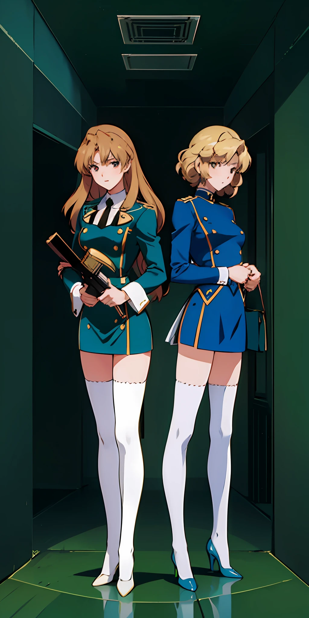 ((Masterpiece, highres)), 2girls, duo, twins, ((one brown haired girl, one blonde girl)), long hair, curly hair, matching hairstyles, different hair color, confident, elegant, rich girls, (((matching outfits, identical outfits, blue uniforms, sexy uniforms, white thighhighs, long white socks, black high heels))), standing at attention, shoulder to shoulder, same pose, mansion, RETRO ARTSTYLE, 1990S (STYLE)