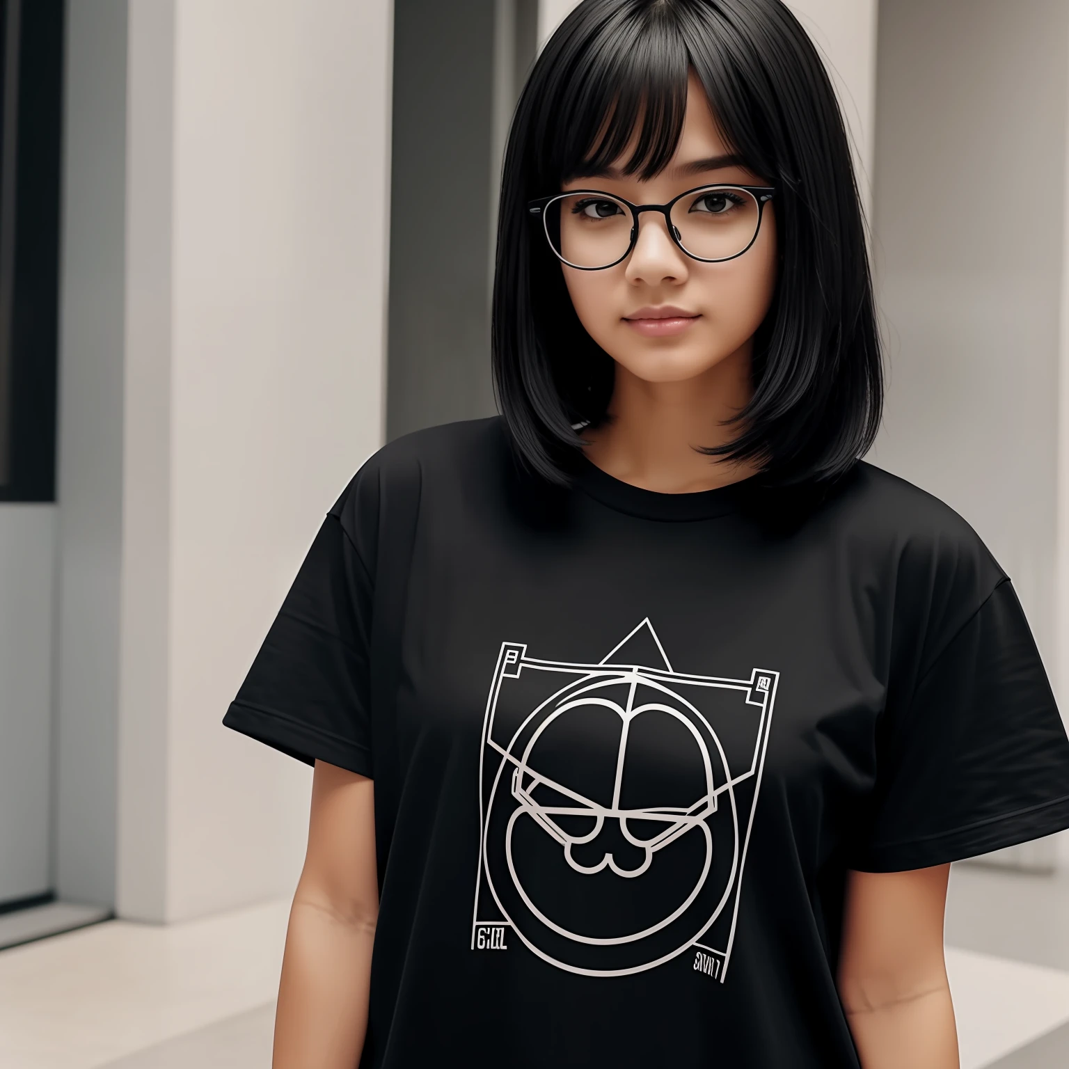 a girl with black medium hair, with glasses and a oversized t-shirt