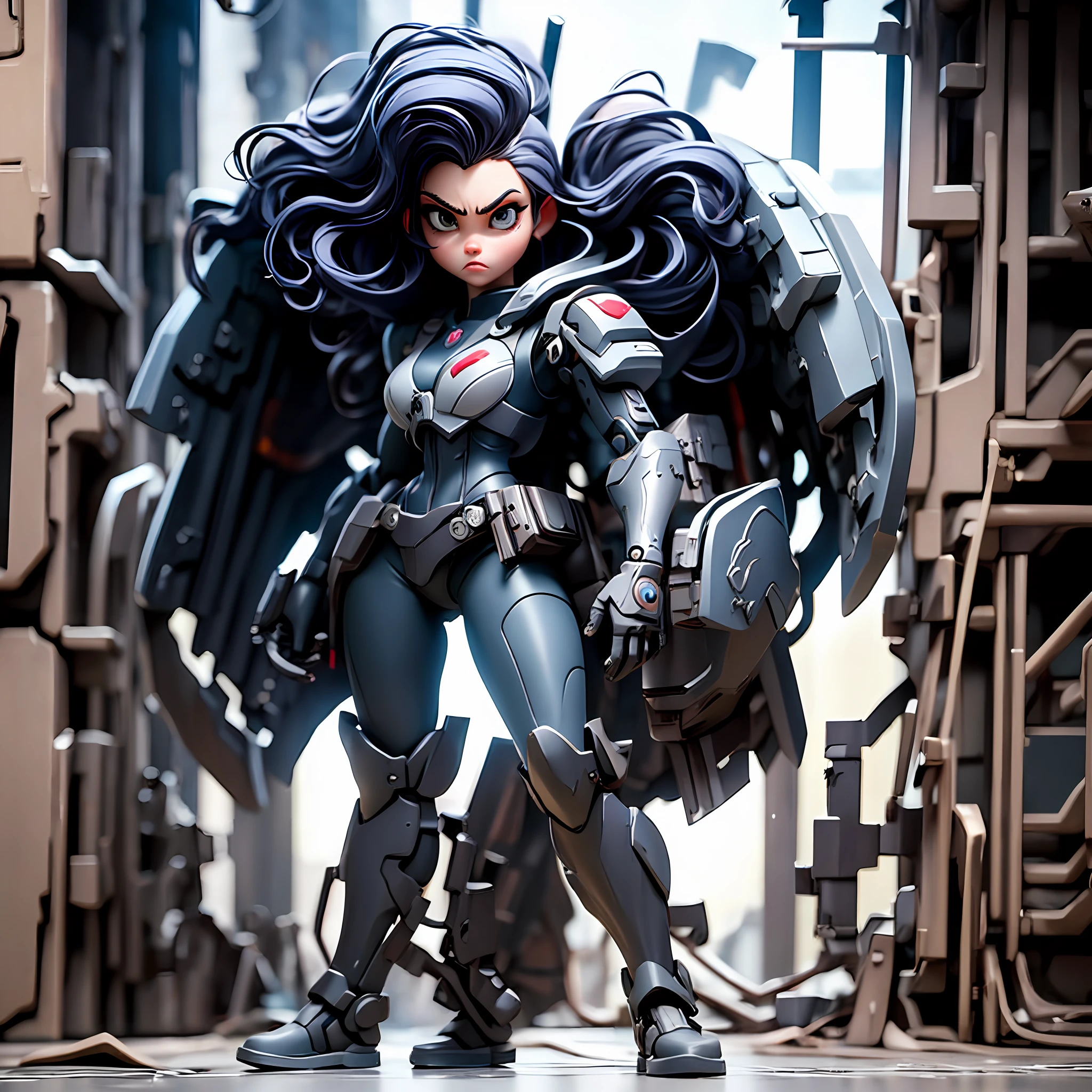 Standing alone、((Female combatant with mechanical body))、((Wearing an iron mask))、Dark blue hair is visible、((cyberpunked))、Cool Beauty、Face strong enemies、Engineers、(Veteran Hero)、Counter Attack、full body Esbian、Ready for Battle、Have a large number of firearms、evangerion