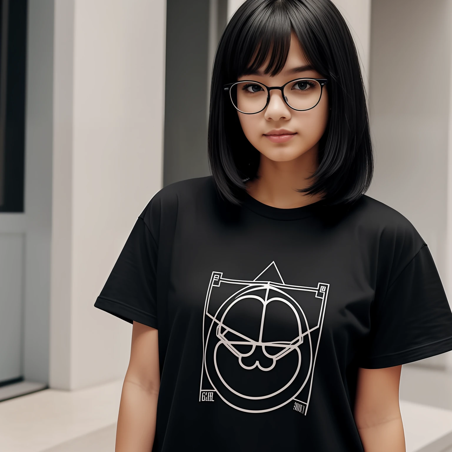 a girl with black medium hair, with glasses and a oversized t-shirt