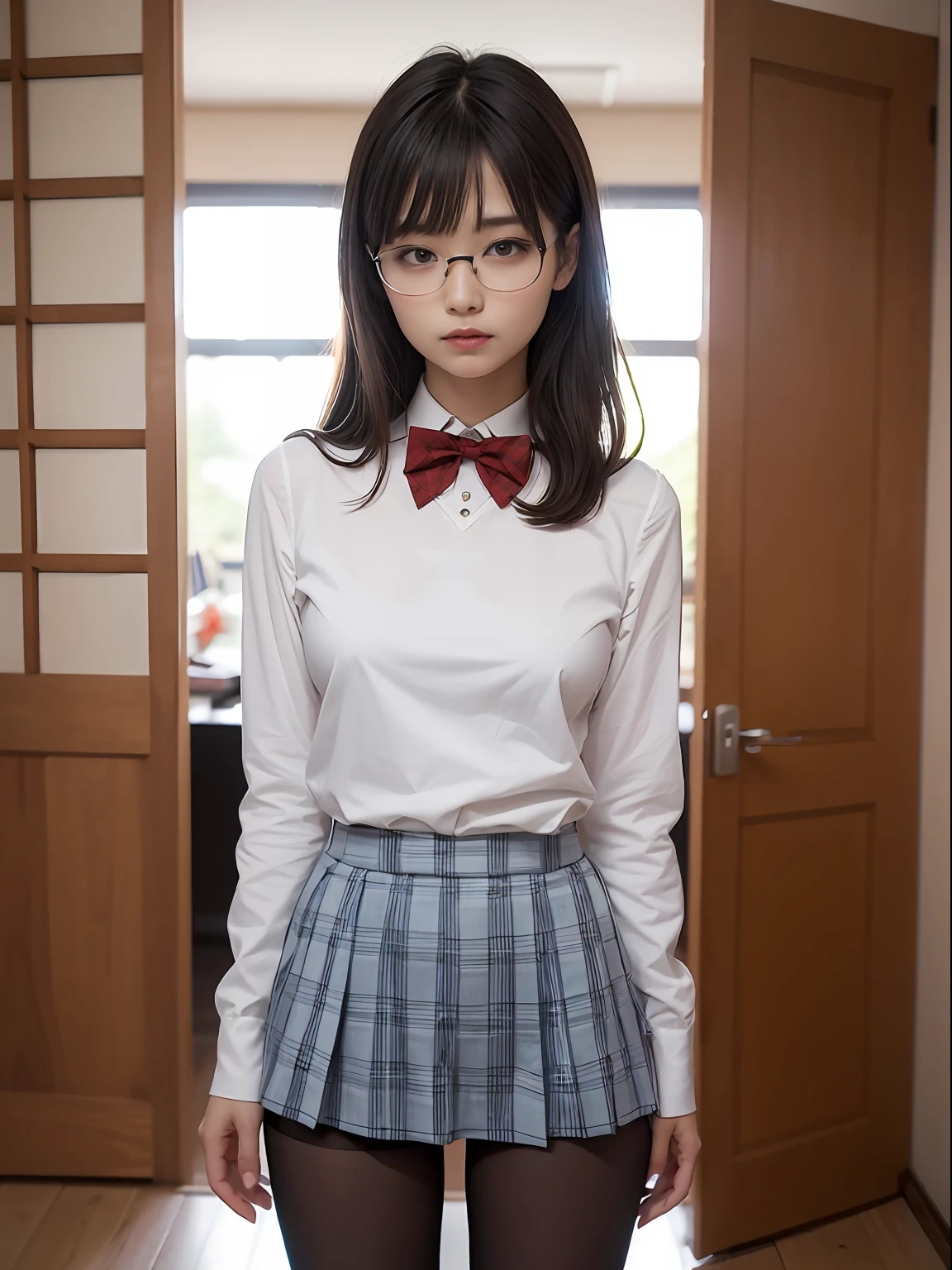 (8K、Raw photography、top-quality、masterpiece:1.2),de pele branca,Black pantyhose,absurderes,a small face,small tits,flat breast,Parting the bangs from the middle、Forehead visible,(Tight eyes,Bullish,skinny,Rasping,irate)、masterpiece,top-quality、超A high resolution,Raw photo,ren,Beautiful fece,One Person, 独奏,eye glass,,Dark look,Small breasts,fullllbody,Round glasses、cute little、A Japanese Lady,is standing,(Tight eyes,Bullish,skinny,Rasping,irate,small tits,flat breast)、(Photorealsitic:1.37)、Photon mapping,Light blue ribbon,Realistic、Cute little face,Brown-eyed、Black socks、(Red bow tie)、Radio City、Physically Based Rendering、Foreground、depth of fields、Blurry background、a picture,The girls、Body, Long legs, Thin leg,poneyTail,(Bangs are visible), hair, s lips, Blue_The eye, nosesoft,White shirt, Navy blue and white plaid pleated skirt, Knees are visible,Sheer clothing,, Thigh, Black cotton socks,Nogizaka Idol, 女優, Japanese ido