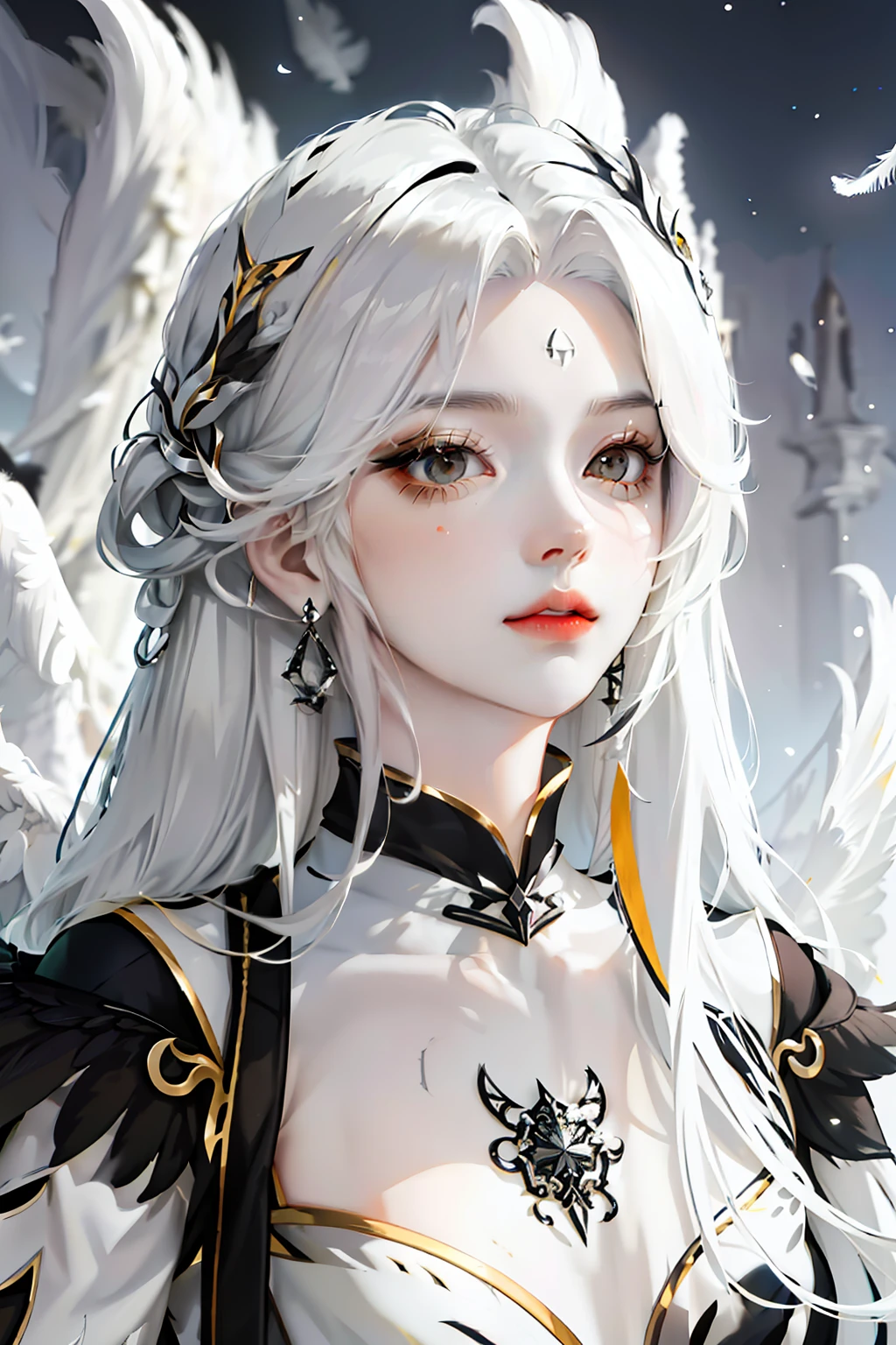 The gray hair stood on end in a spire,This is a human hairstyle;There is a 2 on it/3 faces,Narrow cheeks,Sharp eagle beak;Covered in feathers,Black and white, yellow, red, brown, black and white are all colorful。They don't wear clothes or shoes,They all have large wings on their backs,