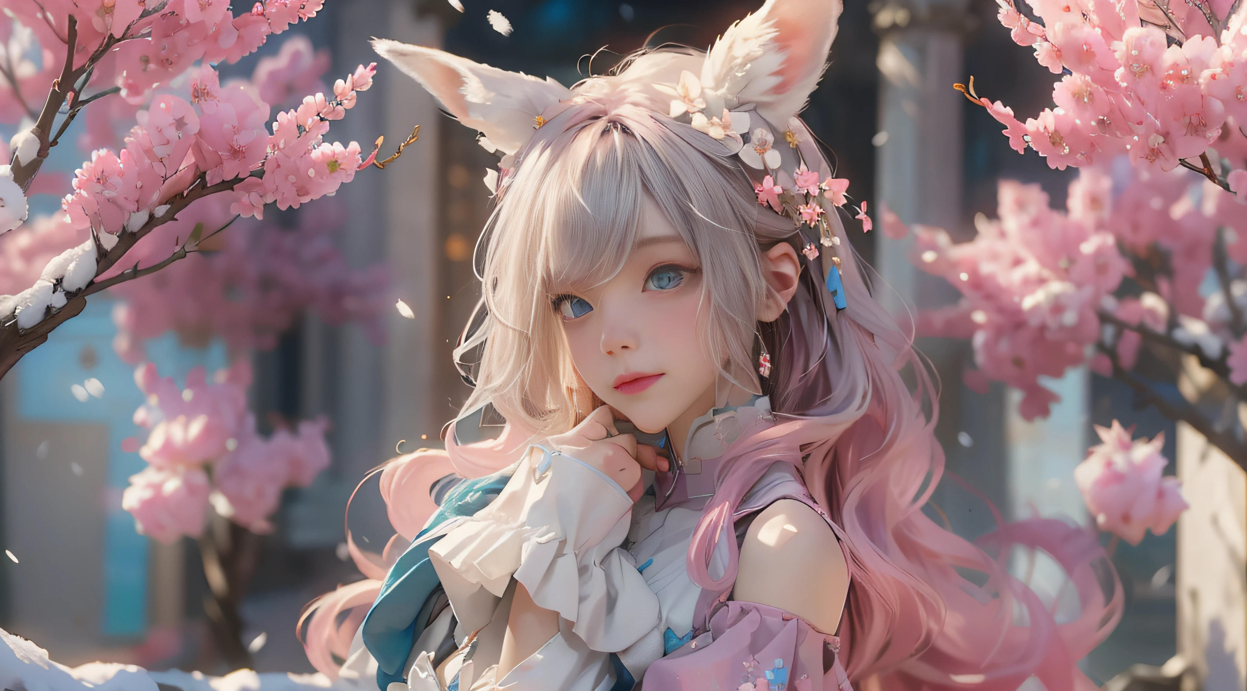 ((best qualtiy)), ((tmasterpiece)), (detail:1.4), Beautiful cyberpunk female images,hdr(HighDynamicRange),Ray traching,NVIDIA RTX,Hyper-Resolution,illusory 5,sub surface scattering,PBR textures,post-proces,Anisotropy Filtering,depth of fields,maximum definition and sharpness,Many-Layer Textures,Albedo e mapas Speculares,Surface coloring,Mitsu-Accurate simulation of material interactions,perfectly proportioned,rendering by octane,Two-colored light,largeaperture,Low ISO,White balance,Rule three points、8K raw data、Beautiful bright blue pupils,off-the-shoulder clothes,Fine pupils,Delicate face and eyes,long eyelasher,Blushlush,Delicate and fluffy hair,pink lip,Pure,Cute face,Sweet girl,Artistic sense,Casual wear,Advancedsense,butterflys,Cherry blossom petal,Beautiful hair accessories,Long hair and waist,Hair fluttering in the wind,Snow-white fox ears,curlies,Snow-white fluffy tail,Positive light,The light from the back window is backlighted