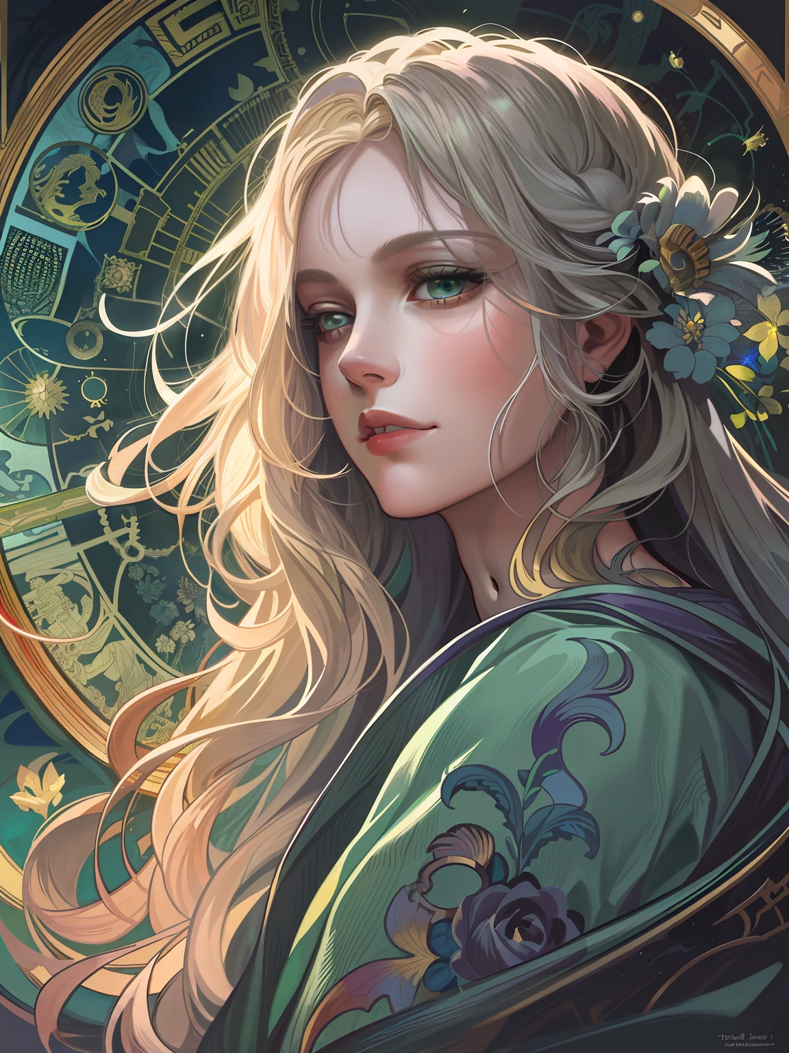1 girl，woman，Looking down，Solo，The upper part of the body，Green eyes，european woman face portrait，with long coiled hair，Shiny skin, Detailed face, The magic robe is patterned， Sumeru，Clouds， themoon，tarot card layout，Best quality, Masterpiece, (Realistic:0.6), Realistic lighting,Flower frame， Decorative panels， abstract artistic， Alphonse Mucha （tmasterpiece， best qualtiy， A high resolution： 1.4）， A detailed， Complicated details， 4K，cerulean， Line art， Fibonacci