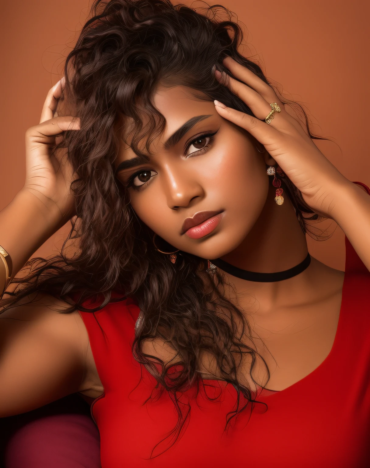 there is a woman with a red sexy top and bracelet, indian girl with brown skin, close - up studio photo, shot on canon eos r5, shot on canon eos r 5, with brown skin, with textured hair and skin, photoshoot portrait, photo from a promo shoot, promo shoot, solo photoshoot, mid shot portrait, wavy hair combed to one side