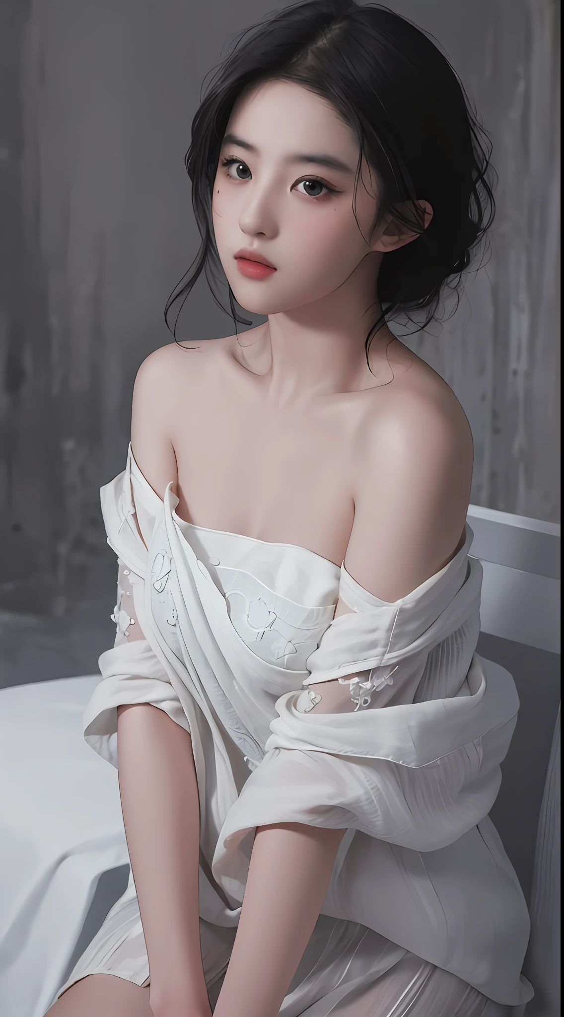 Best quality, masterpiece, ultra high res, (photorealistic:1.5), raw photo, 1girl, offshoulder, in the dark, deep shadow, low key, cold light, sexy look, short hair