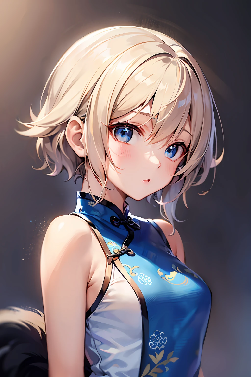 女の子 1 人、((Blue Sleeveless Mini Cheongsam))、cute little、(Kpop Idle)、(Charming Monkey:1)、(Platinum Blonde Hair:1)、((Puffy eyes))、Looking for the observer side、full body Esbian、facing the front there