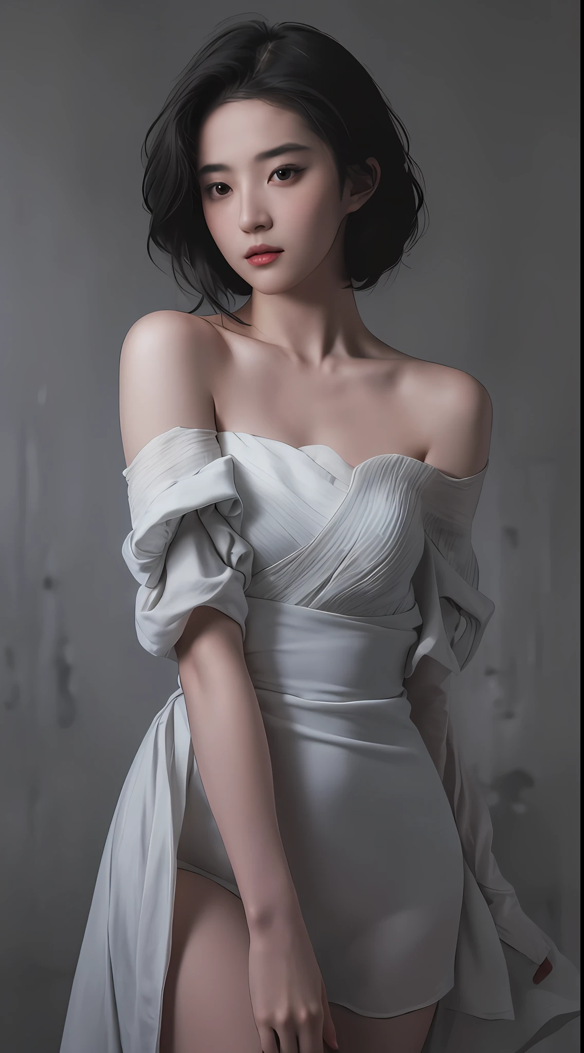 Best quality, masterpiece, ultra high res, (photorealistic:1.5), raw photo, 1girl, offshoulder, in the dark, deep shadow, low key, cold light, sexy look, short hair