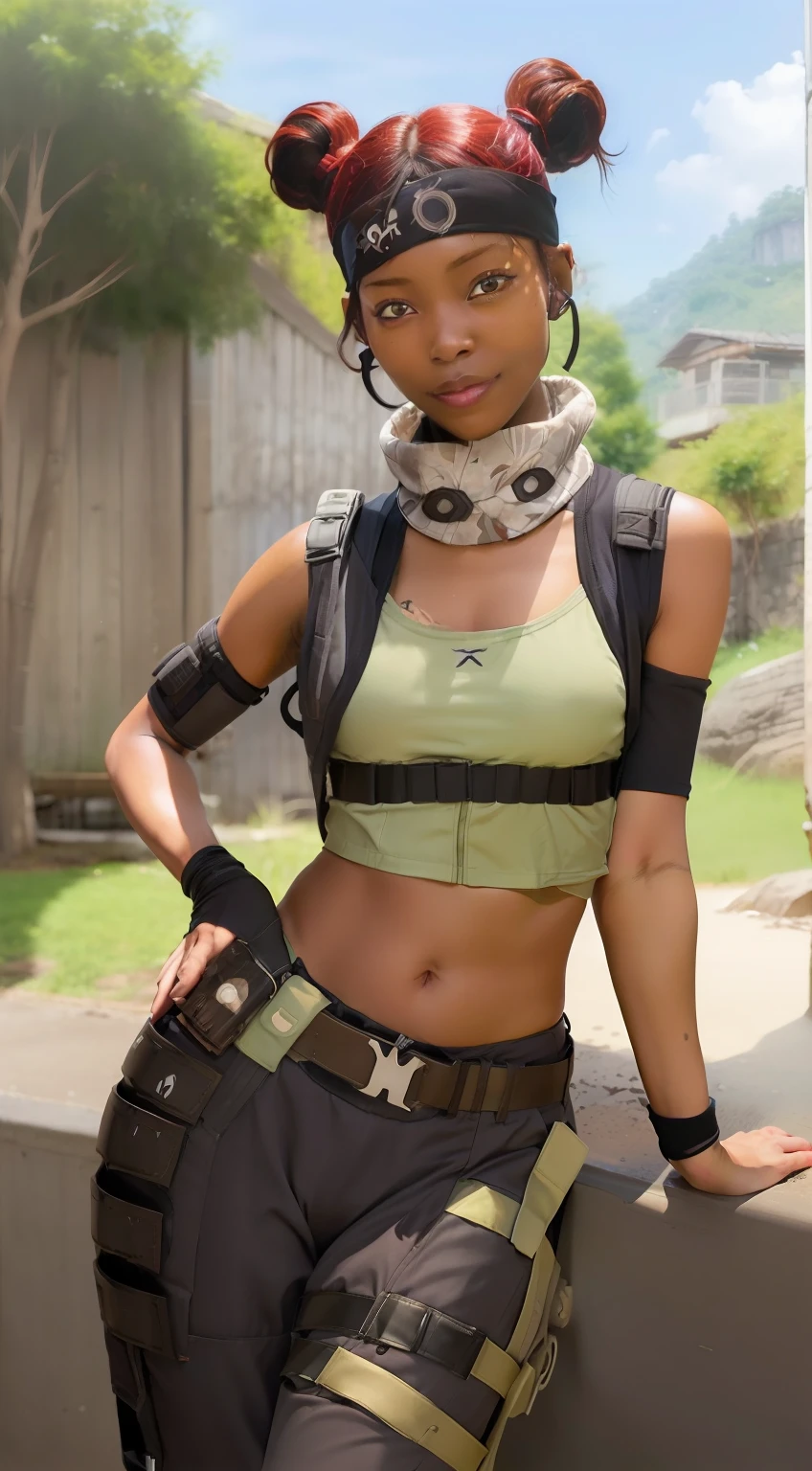 (masutepiece:1.4), (Best Quality:1.2), lifeline \(Apex Legends\), 1girl in, dark skinned female, darkskinned, croptop, Detached sleeves, head band, Pants, Hair bun, Mask around the neck, Red hair, full body Esbian,look at viewr