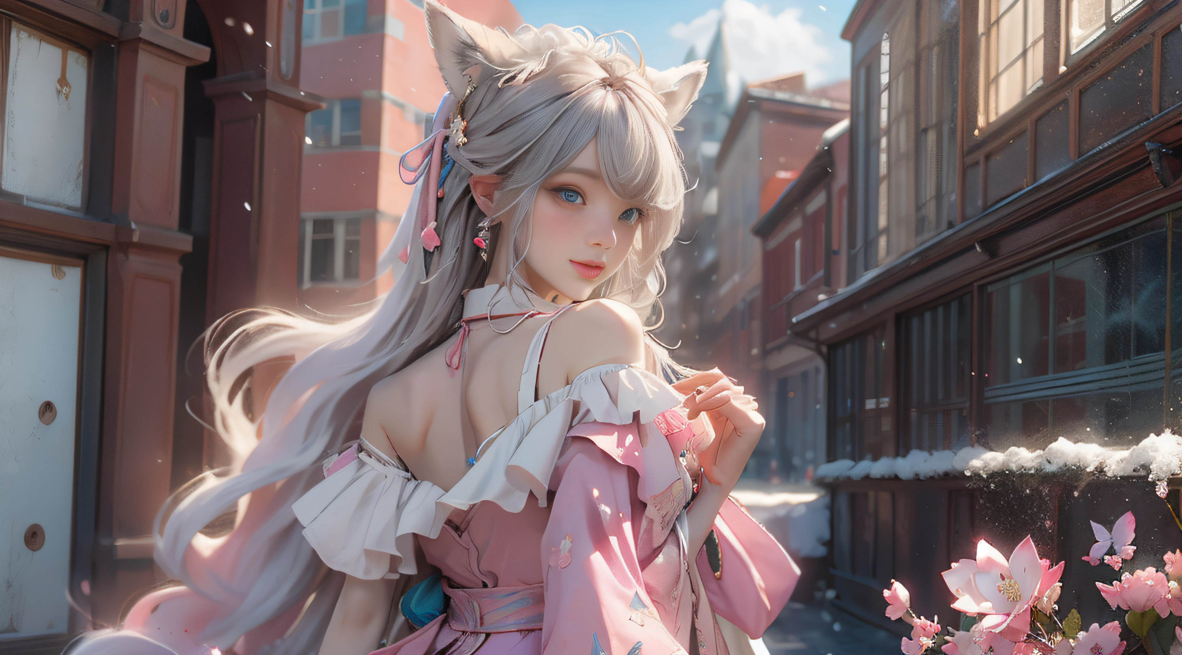 ((best qualtiy)), ((tmasterpiece)), (detail:1.4), Beautiful cyberpunk female images,hdr(HighDynamicRange),Ray traching,NVIDIA RTX,Hyper-Resolution,illusory 5,sub surface scattering,PBR textures,post-proces,Anisotropy Filtering,depth of fields,maximum definition and sharpness,Many-Layer Textures,Albedo e mapas Speculares,Surface coloring,Mitsu-Accurate simulation of material interactions,perfectly proportioned,rendering by octane,Two-colored light,largeaperture,Low ISO,White balance,Rule three points、8K raw data、Beautiful bright blue pupils,off-the-shoulder clothes,Fine pupils,Delicate face and eyes,long eyelasher,Blushlush,Delicate and fluffy hair,pink lip,Pure,Cute face,Sweet girl,Artistic sense,Casual wear,Advancedsense,butterflys,Cherry blossom petal,Beautiful hair accessories,Long hair and waist,Hair fluttering in the wind,Snow-white fox ears,curlies,Snow-white fluffy tail,Positive light,The light from the back window is backlighted