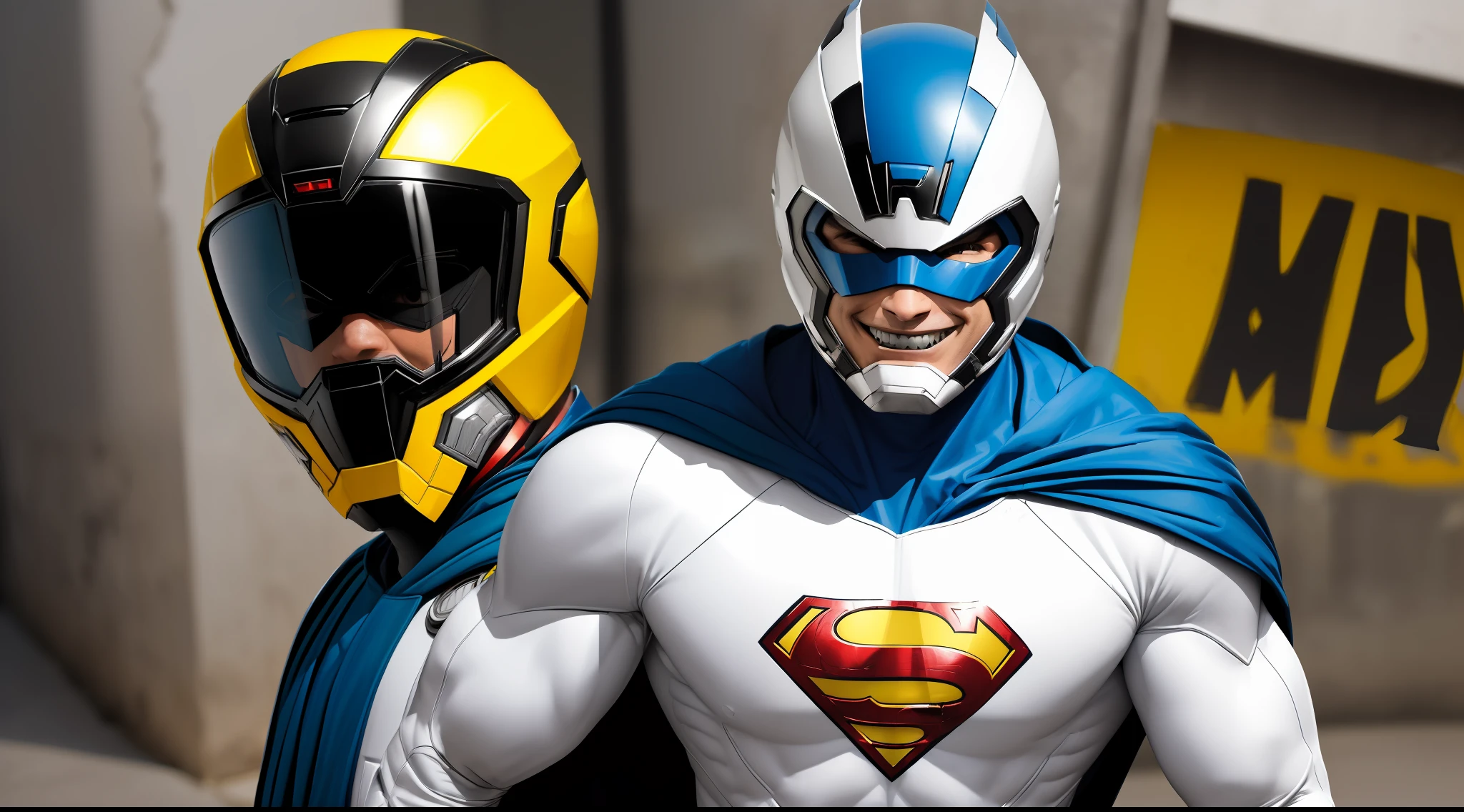 (((master part))),((melhor qualidade)),((((cidade))),WMASK, superhero helmet in, detalhado,1boy, standingn, cabelo amarelo, white superhero costume, superhero helmet in, capa, alegre, toothy smile, rosto ultra detalhado, com raios em volta bem detalhado