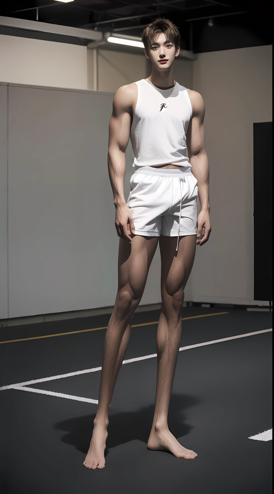 (A lovely Shota:3),(Colored screen:1.2),Solo,(full bodyesbian:3),(Stay away from the lens:3),(Expose your legs and feet:3),(revealing the whole body:5),(Heads-up view:1.2),malefocus,looking at viewert, old,(Tall:4),(Tall guy:2),Super tall,(Height 300 cm:2),Excellent body proportions,(The shoulders are 5 times wider:1.2),(Slender slender legs:2.5),Slender feet,Normal extremities,(Small head),musculous,(Lovely and pretty:2),(The face of an anime man),Fair skin,(Very detailed beautiful face and eyes:2),(Big bright eyes:1.2),Sharp eyeliner,Clear and beautiful face,short detailed hair,(Correct facial features),(tilts your head:1.5),(having fun,grinning smile),(White men's sweatshirt:2),Boxer panties,white legwear,(Muscle firming:2),Strong,Super strong,Developed biceps,(Wide shoulders and narrow waist:2.2),Sports men's socks,Detailed muscle texture,Highlights muscle structure,On the sports field,(kneels on the ground:4),(full length shoot),Full leg view,ultra-realistic realism, (Photorealistic detail), Incredible accuracy, lifelike textures, masterful technique, Jaw-dropping precision, artistic dedication,(anatomy correct),Good lighting,exquisite detailing,Best quality,stunning masterpiece,CG