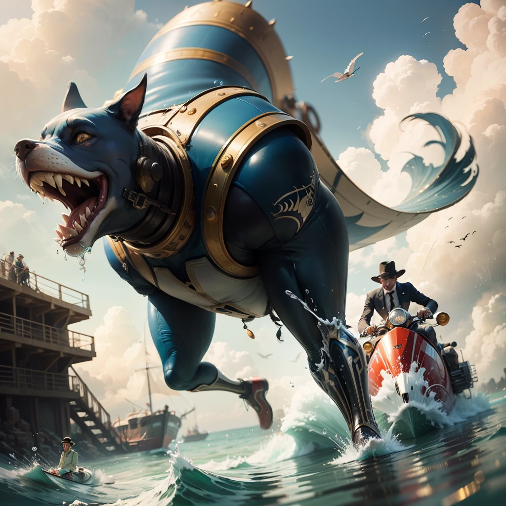 Arabic tale from the 1400s. Racing on vintage sci-fi mechanical devices. Funny characters flying among the clouds. In elegant old suits and hats. Diving into the water, laughter, joy, fun. Splashes of water. Full length closeup portrait in Disney Pixar style, super realistic, cinematic, lots of details, dark blurred fantasy --auto --s2