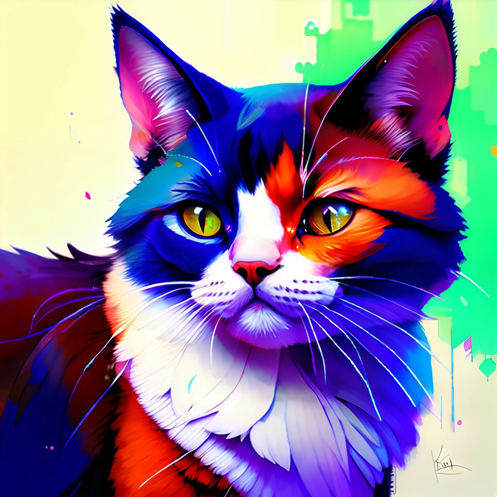 Wtrcolor style，（cat character）（Fury）Digital art，offcial art，frontage，ssmile，tmasterpiece，big breasts beautiful，（（aquarelle）），facepaint，Blue and white painting，Complicated details。The is very detailed，Detailed eyes，[dripping:0.5]，Trends on Artstation，Rachel Walker