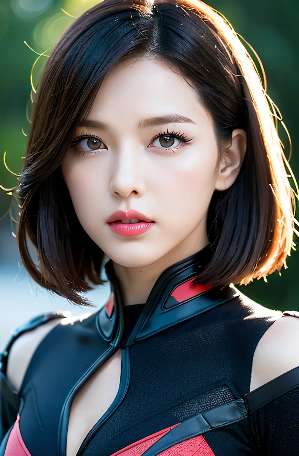 (((Black Widow Costume)))、Dress up a gentle and beautiful woman、fully body photo、Delicate and sexy collarbone、charming oval face、二重まぶた、Smart peach blossom eyes、Pink lips、a small nose、bare shoulders、Face in Focus、up of face、The ultra -The high-definition、Super Details、Elegant standing position