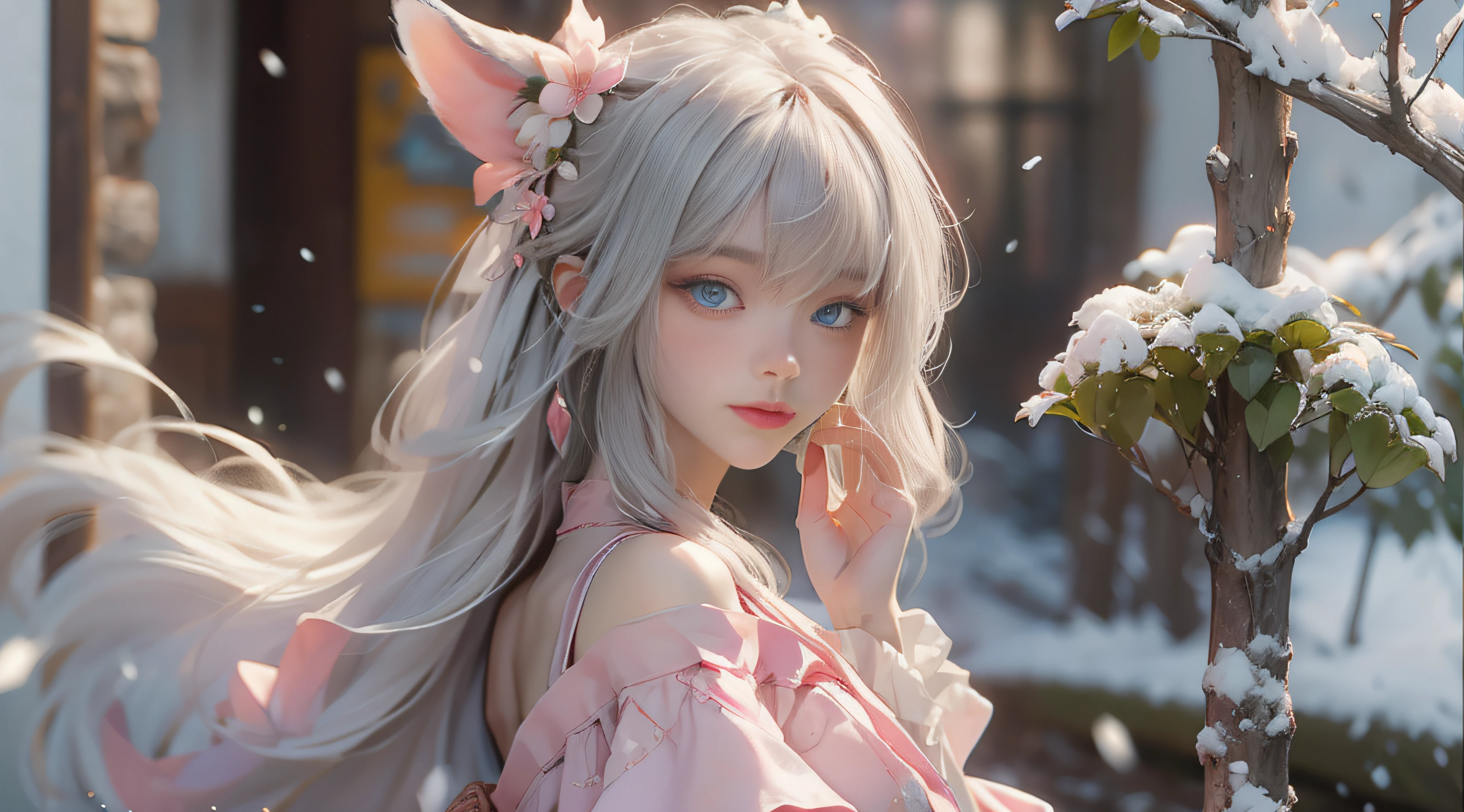 ((best qualtiy)), ((tmasterpiece)), (detail:1.4), Beautiful cyberpunk female images,hdr(HighDynamicRange),Ray traching,NVIDIA RTX,Hyper-Resolution,illusory 5,sub surface scattering,PBR textures,post-proces,Anisotropy Filtering,depth of fields,maximum definition and sharpness,Many-Layer Textures,Albedo e mapas Speculares,Surface coloring,Mitsu-Accurate simulation of material interactions,perfectly proportioned,rendering by octane,Two-colored light,largeaperture,Low ISO,White balance,Rule three points、8K raw data、Beautiful bright blue pupils,off-the-shoulder clothes,Fine pupils,Delicate face and eyes,long eyelasher,Blushlush,Delicate and fluffy hair,pink lip,Pure,Cute face,Sweet girl,Artistic sense,Casual wear,Advancedsense,butterflys,Cherry blossom petal,Beautiful hair accessories,Long hair and waist,Hair fluttering in the wind,Snow-white fox ears,curlies,Snow-white fluffy tail,Positive light,The light from the back window is backlighted