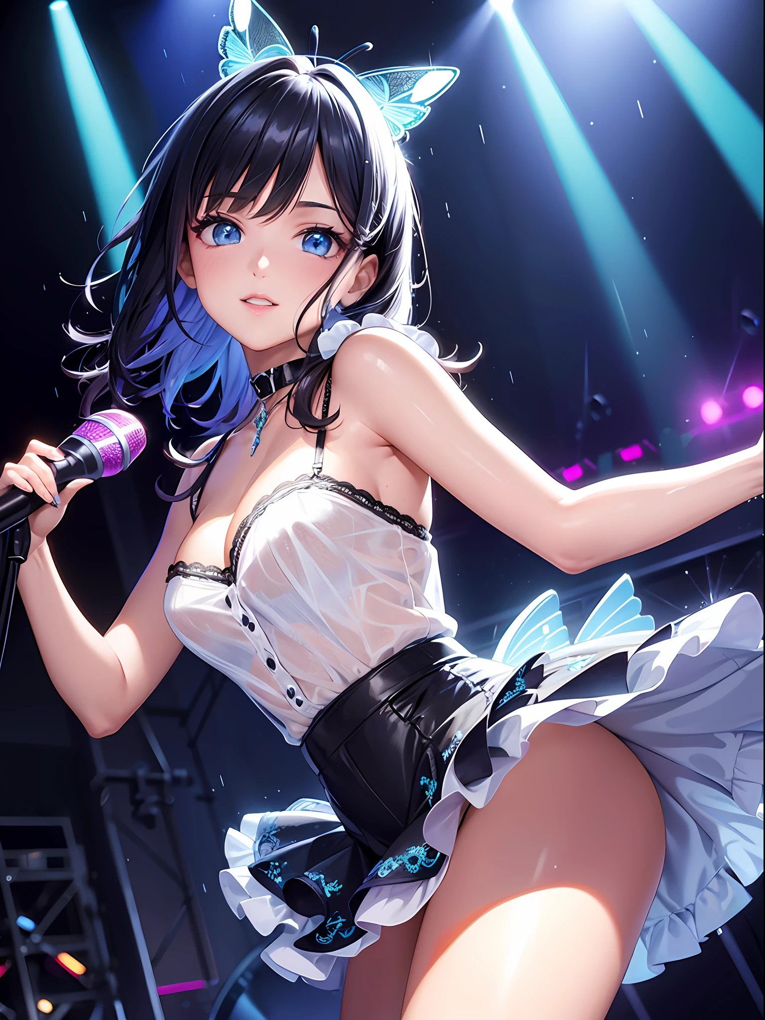 Illustration, cinematic light, high resolution, best quality, ultra detailed, detailed face, (detailed eyes), highest quality, super detailed, masterpiece, (detailed face), pretty face, best smile, sexy mature woman transparent (cute t-shirt) cloth, floating cloth, see-through, choker, , D cup, cleavage: 2, NSFW, high heels, blue eyes, neon small shiny hair edges, ruffled mini skirt, AI fantasy concert, glowing lighting with neon details, holding a microphone in left hand and singing: 15, black magic 💕, (live stage: 1.15) in the background audience, butt sticking out and singing, light reflection, heart-shaped iris, playful eyes, open shoulders, rain, (wet body), small glowing butterfly, hair jewelry, panties, (cute embroidered white string panties)