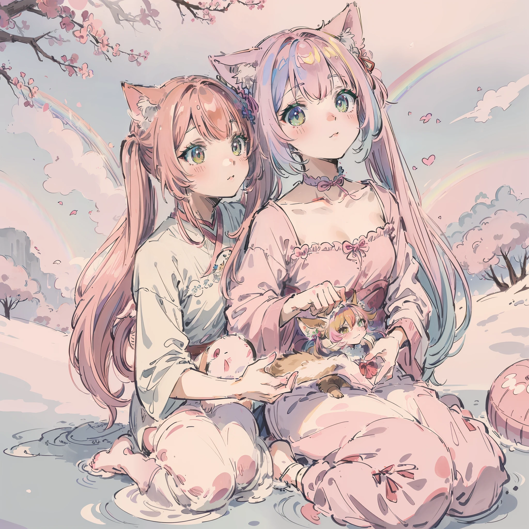 (Best quality1.2、masutepiece)、A stunning、Take a cute cat、kawaii、Pink hair(rainbow-colored hair)、(Twin-tailed)