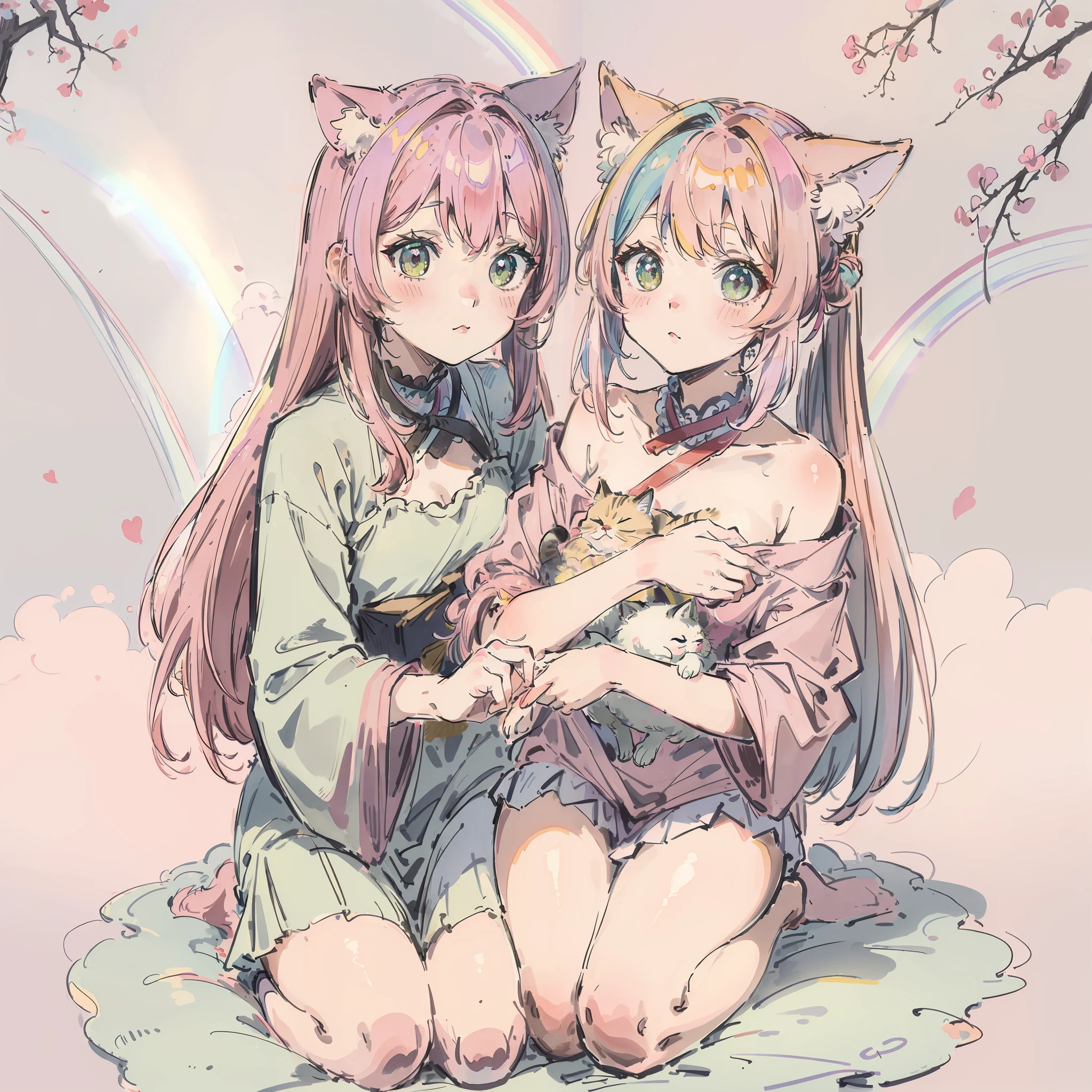 (Best quality1.2、masutepiece)、A stunning、Take a cute cat、kawaii、Pink hair(rainbow-colored hair)、(Twin-tailed)