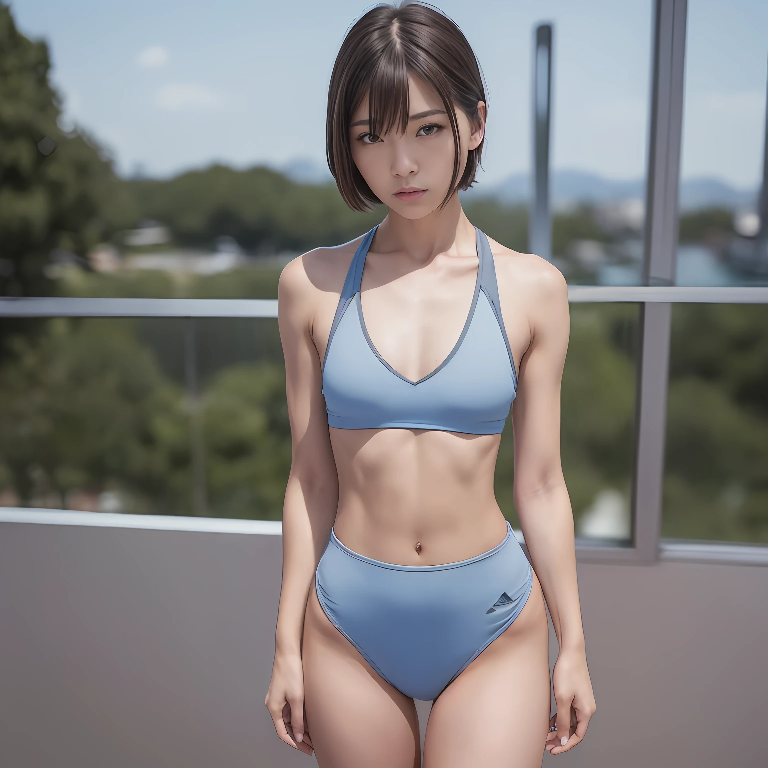 (Solo), (a detailed full-body RAW photo of a girl), (masutepiece:1.0), (Best Quality:1.4), (超A high resolution:1.2), (Photorealistic:1.4), 8K resolution, Canon EOS R5, 50 millimeters, absurderes, ultra-detailliert, (25-years old), Nipple Focus, Cinematic lighting, Detailed beautiful face, (no-makeup:1.2), (ulzzang -6500-v1.1), petite figure, Detailed skin texture, (flat chest:1.4), (skinny and fit body:1.6), Detailed brown hair,  sweltering,(Very short hair:1.5), See Through wear, (Blue and gray Thin Competition Athletic Wear:1.5), More transparent titts, low rise, realistic glistening skin, Detailed texture, (No bra:1.5), stylish pose, (nude:0.2), Very small, Cameltoe, well-developed abs,