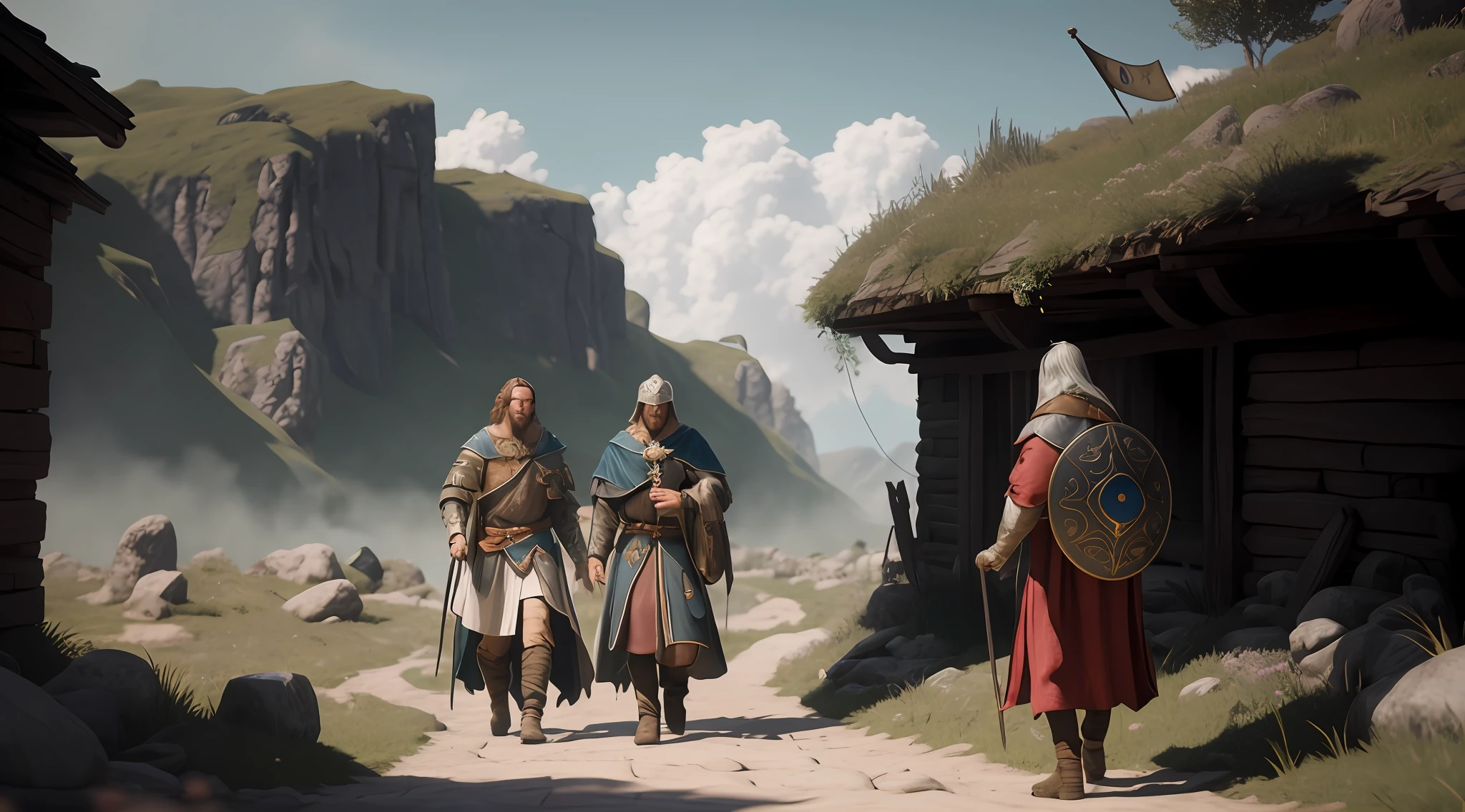 Three men in medieval clothes are walking down a path, Fantasy Style 8k Octane Rendering, arte do jogo de fantasia medieval, arte conceitual medieval, (octan render) estilo fantasia, cinematic cgsociety, Directed by: Daniel Ljunggren, realistic fantasy rendering, arte do jogo pintura fosca, Nordic futuristic concept art, cinematic matte illustration, detailed cinematic render, CGSetalidade 8K, CGSetividade 8K