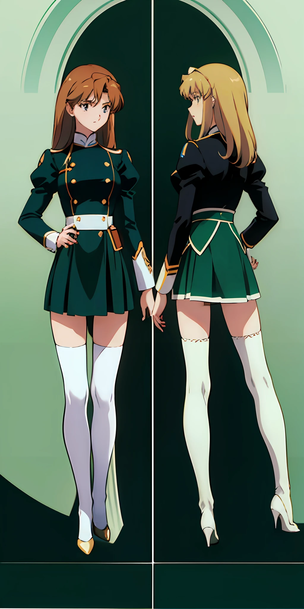 ((Masterpiece, highres)), 2girls, duo, twins, ((one brown haired girl, one blonde girl)), long hair, curly hair, matching hairstyles, different hair color, confident, elegant, (((matching outfit, identical outfits, blue uniforms, white thighhighs, long white socks, black high heels))), standing at attention, shoulder to shoulder, same pose, mansion, RETRO ARTSTYLE, 1990S (STYLE)