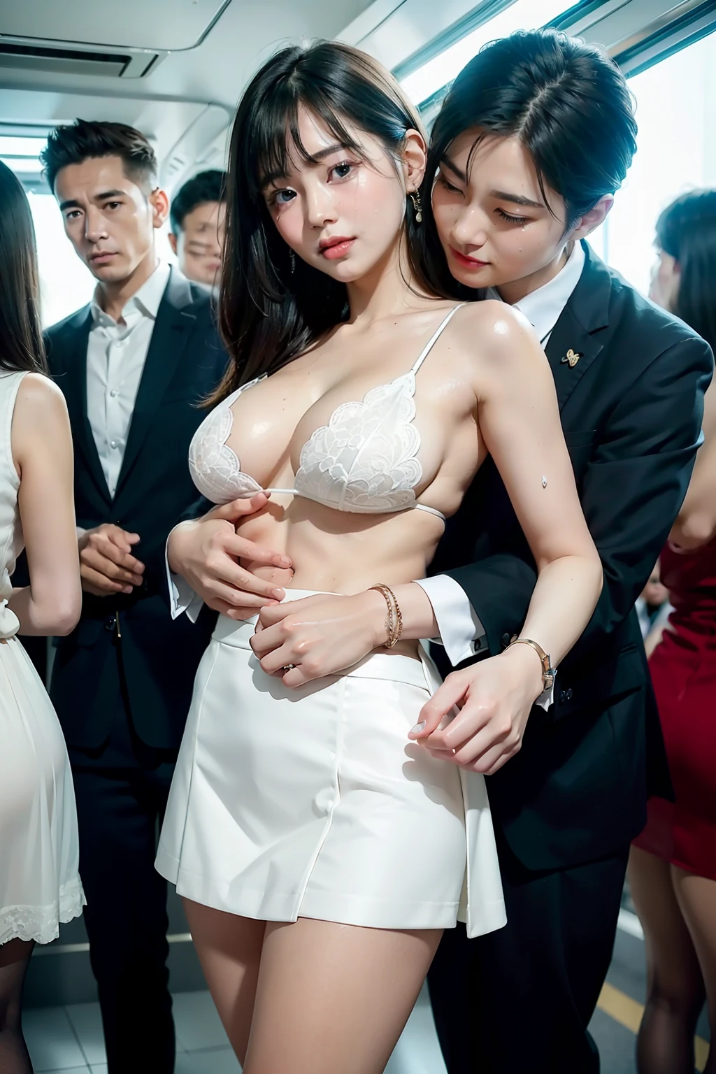 (in 8K、Raw photography、Highest Quality、realisitic、Photorealsitic、Professional Lighting、masterpiece、extremely delicate and beautiful、Highly detailed、finely detail、ultra-detailliert、hight resolution、full-shot)、SFW、VERY crowded train detailed scenario、1girl in、Beautuful Women(woman 1)ha、Wearing a white jacket and white skirt、Beautiful face:1.5、Slimming proportions、small tits、(woman 1)All passengers except male:1.5、Men in suits、(woman 1)Touching the body of、A old man(woman 1)hug from behind、male people(woman 1)Touching the chest of、male people(woman 1)Flip up the skirt of、I can see the white panties、Woman 1 is crying、shed tears、Draw in clear detail whose hand it is