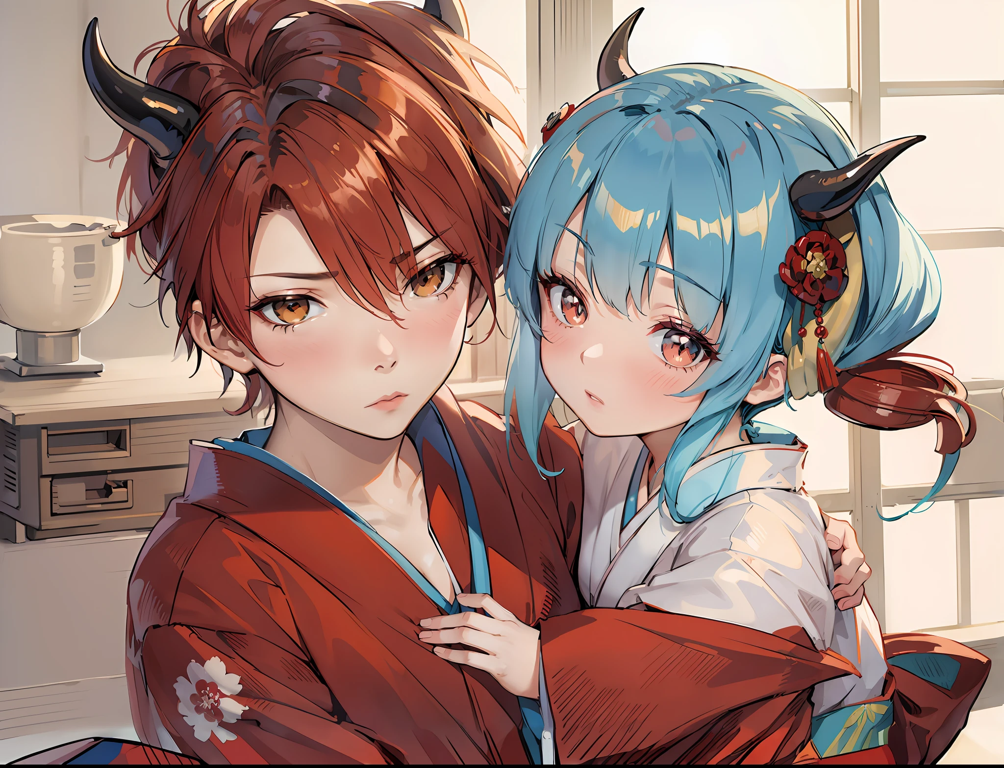 (masterpiece, best quality:1.2), (1girl, red kimono), (1boy, blue kimono), 12years old, upper body, demon horns, hug from side, blush, Japanese old style room