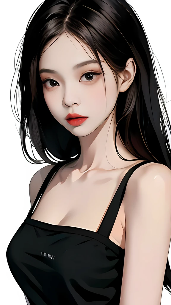 Masterpiece,best,((pure white background)),lighting effects,SuperClear, The High(The High),- Definition picture, (Front) Solo,_Kim Ji-ni Jennie face,Black Ball,Wear a black pale green T-shirt,cleavage,