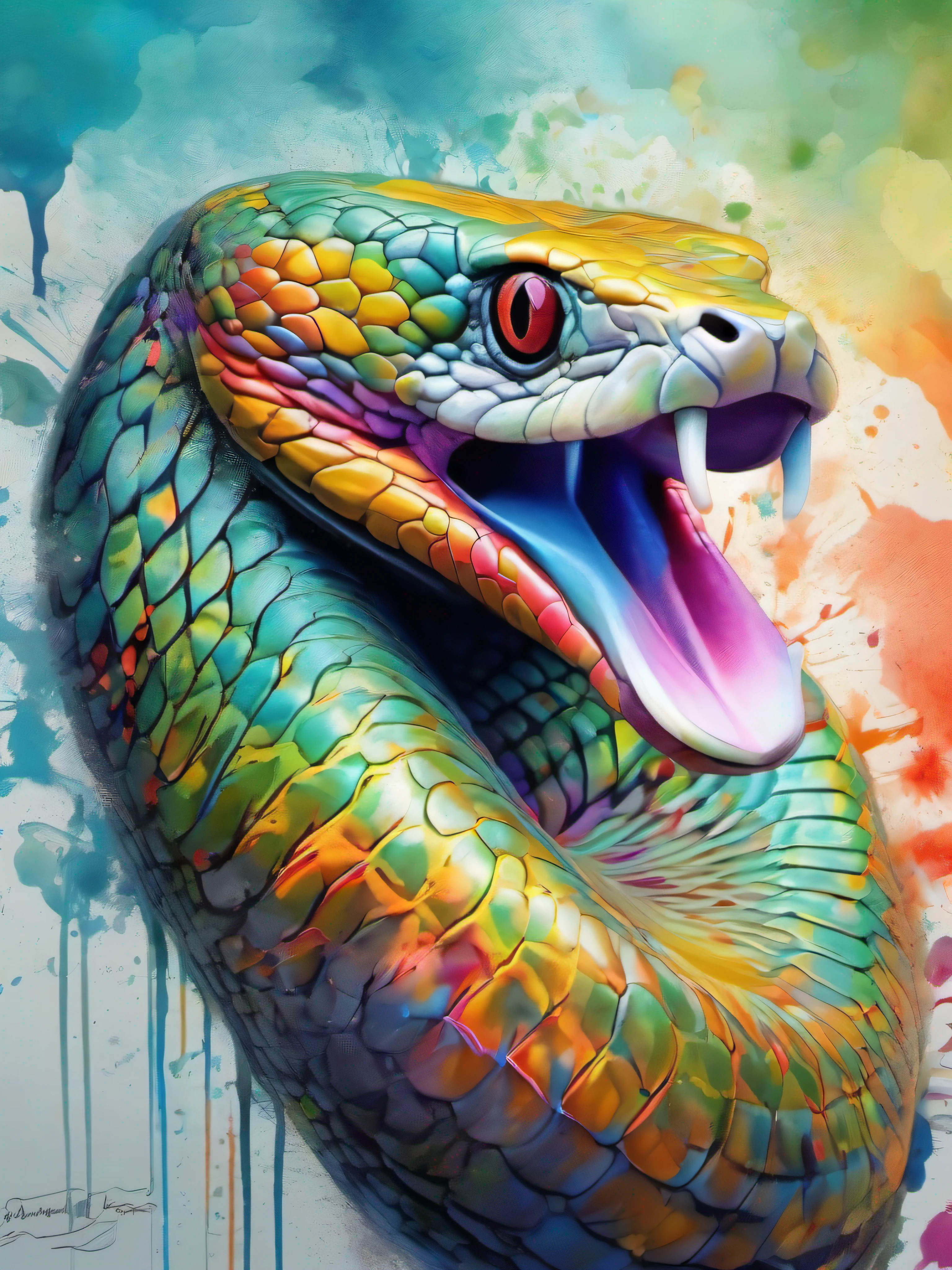 Draw a king cobra with colorful ink on its face, archan nair, painted in bright water colors, animal drawing, vibrant watercolor painting, painting of cute king cobra, Stunning artwork, Surrealism with bright colors, plethora of colors,detail-rich, lovely digital painting, Amazing, digital art animal photo, colorful art, art of alessandro pautasso, watercolor detailed art